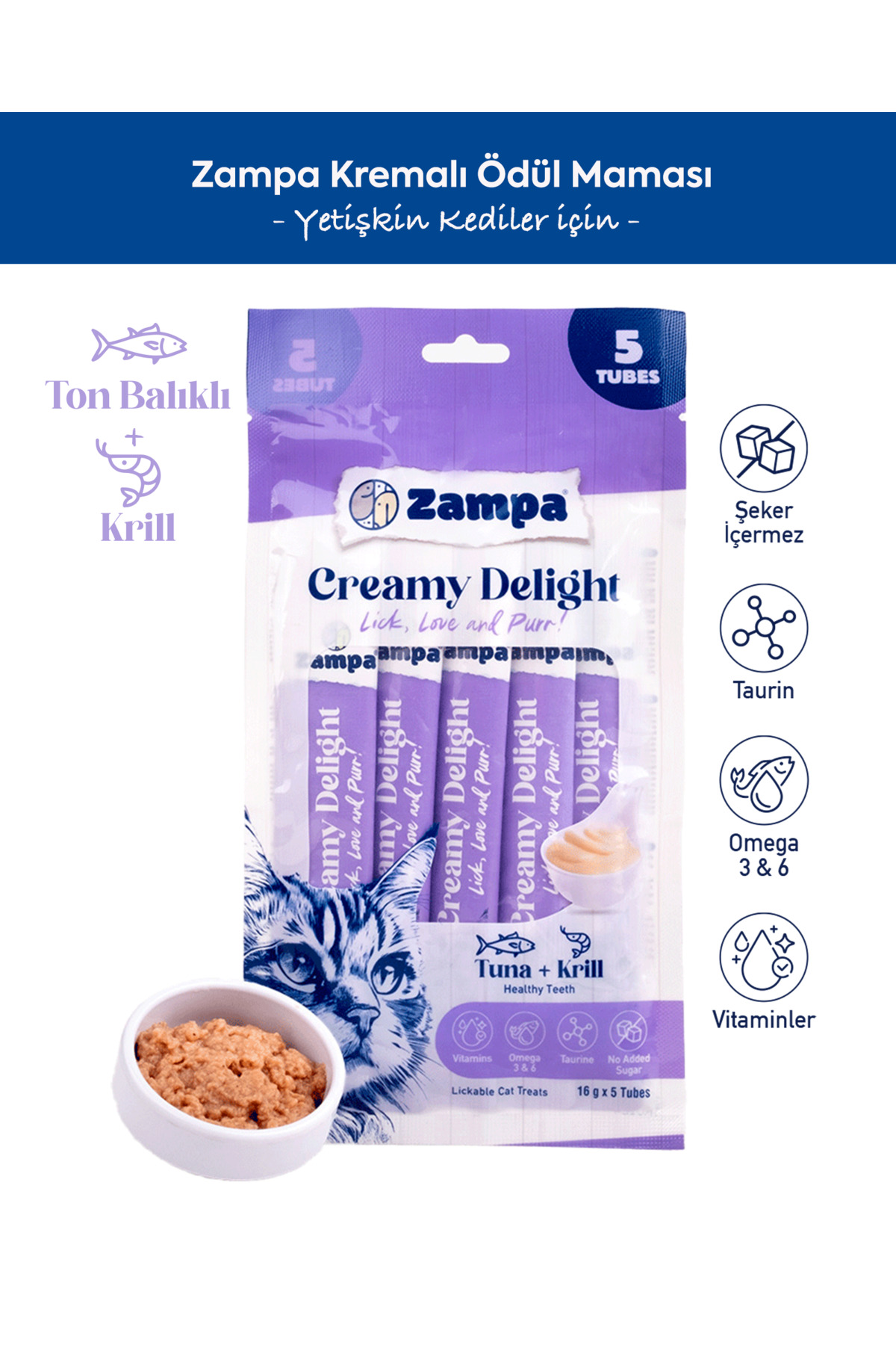 تشویقی کرمی گربه زامپا Zampa Creamy Delight، طعم تن و کریل، ۱۶ گرم × ۵