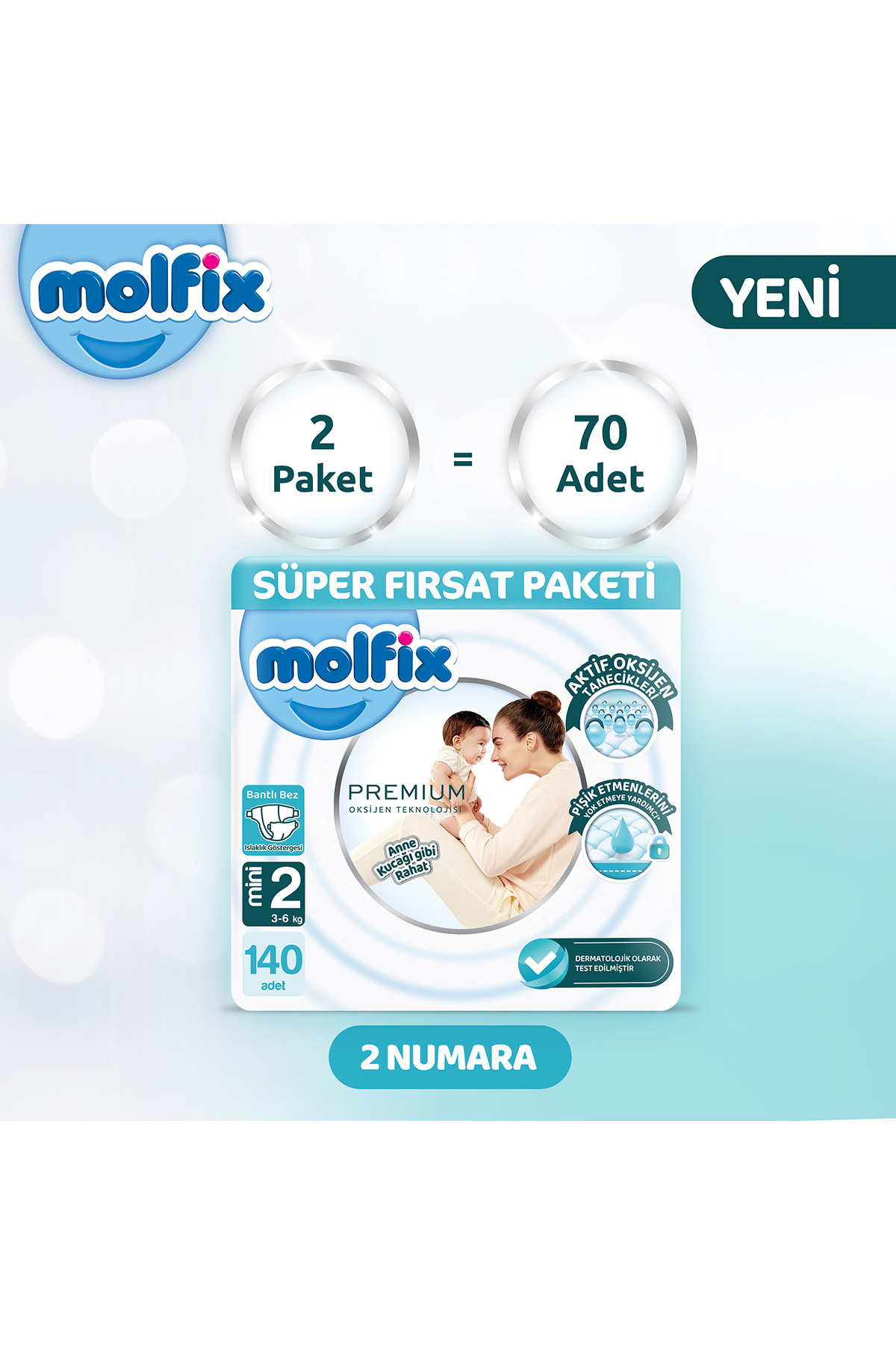 پوشک بچه پکیج پرمیوم سوپر دیال 2 سایز 140 عدد اورجینال Molfix