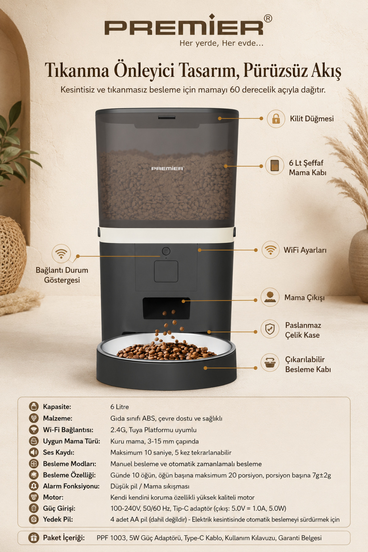 ظرف غذادهی خودکار هوشمند پریمیر Premier، Petmate Smart، مدل PPF 1003، ظرفیت ۶ لیتر، مشکی