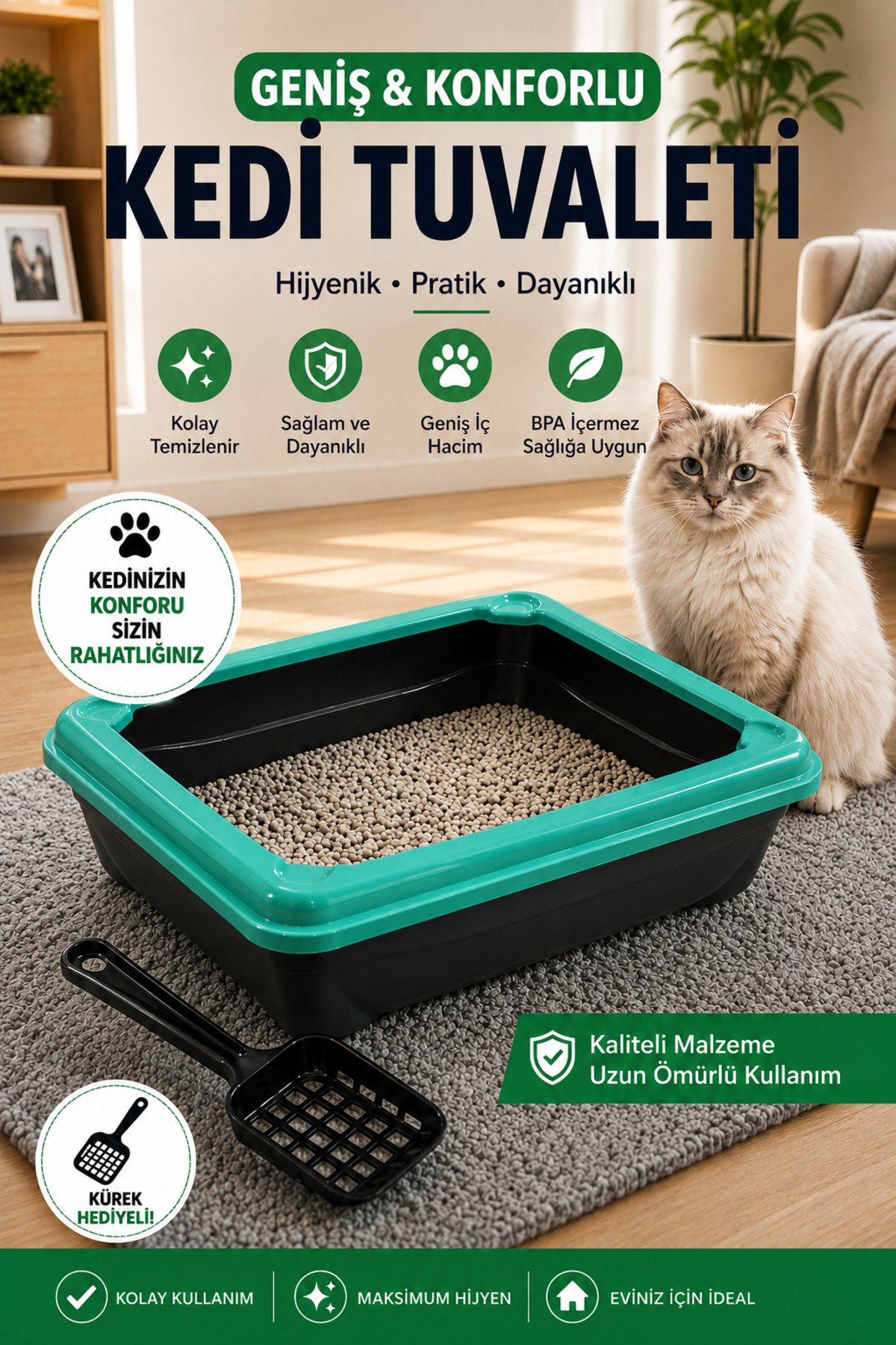 ظرف خاک روباز گربه ییلدیزهانه Yıldızhane مدل Eco Kitty Açık Wc همراه بیلچه، سبز
