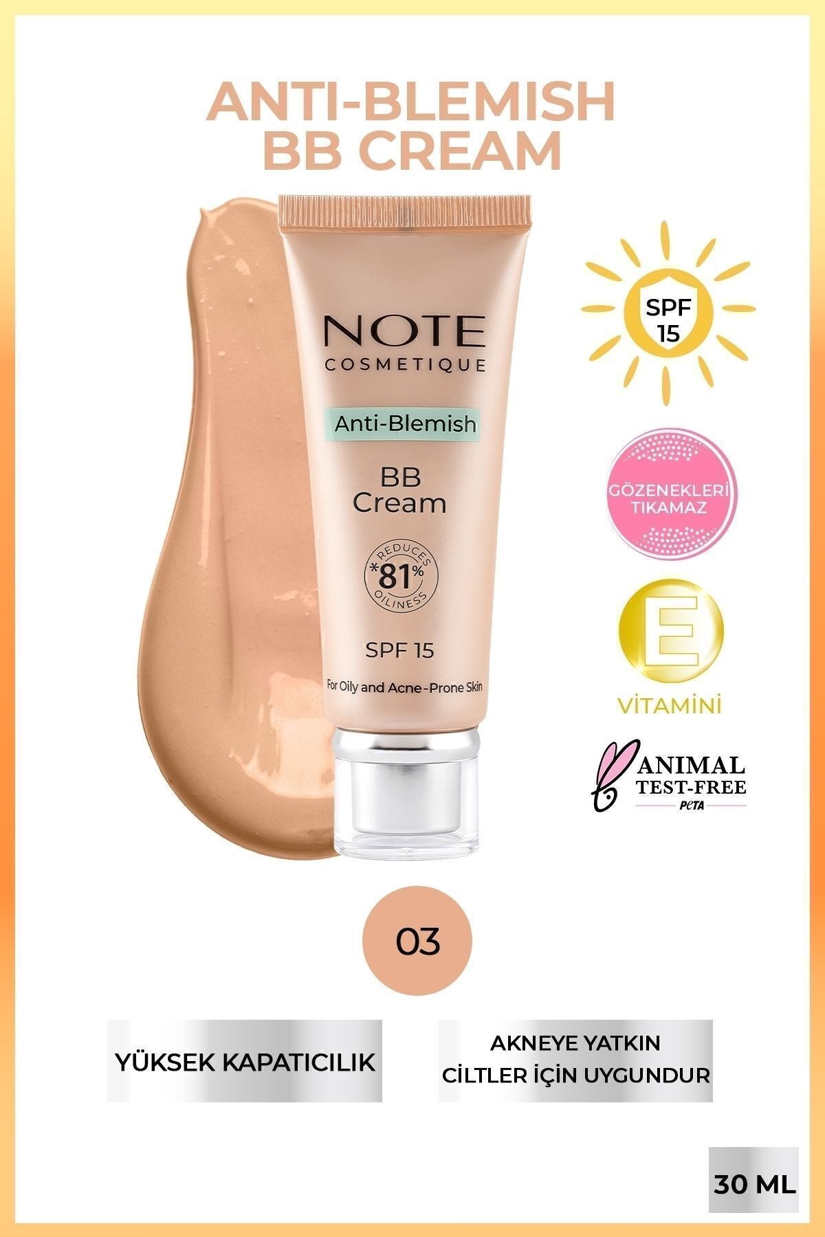 کرم بی و سی BB ضد لک با SPF 15 پوست مستعد آکنه 03 طبیعی بژ Note Cosmetics