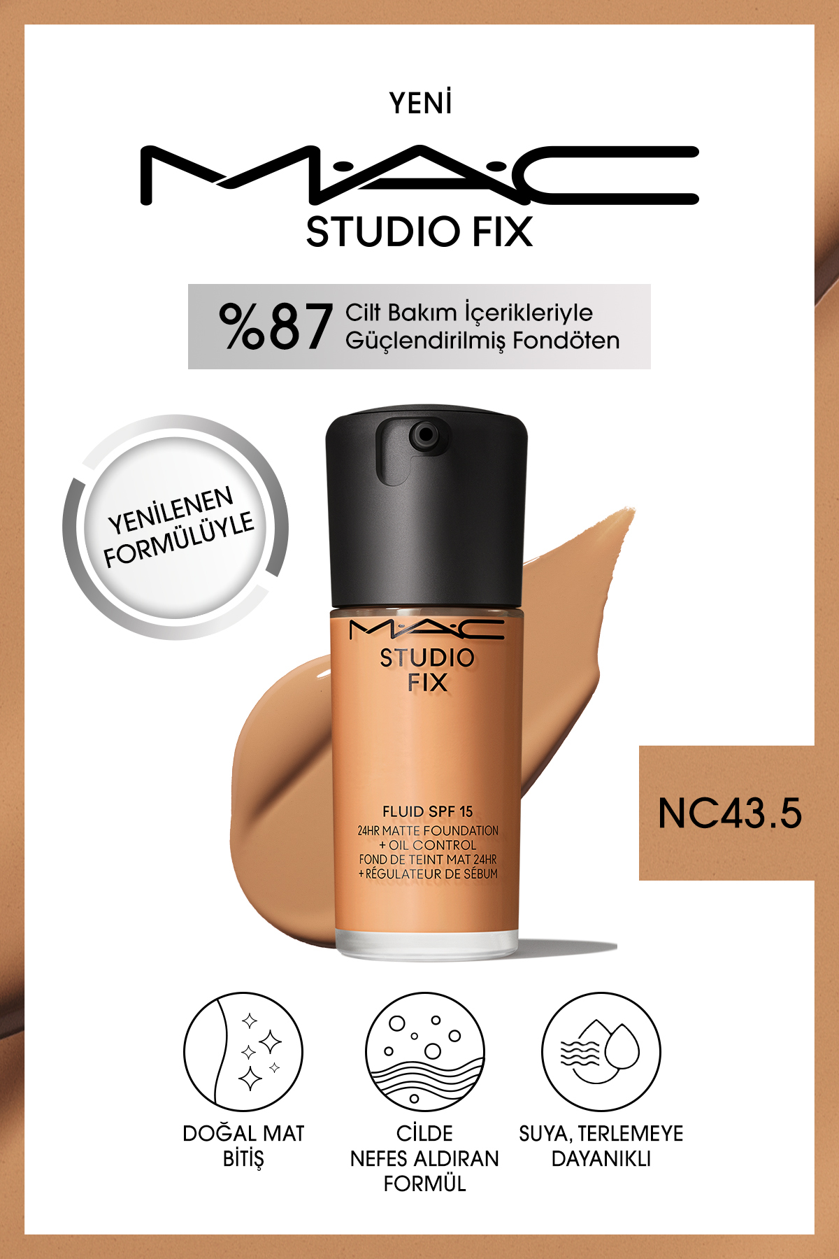 کرم پودر بنیاد MATT دائمی تا 24 ساعت استودیو رفع سیال SPF15 رنگ: NC43.5 30ML Mac