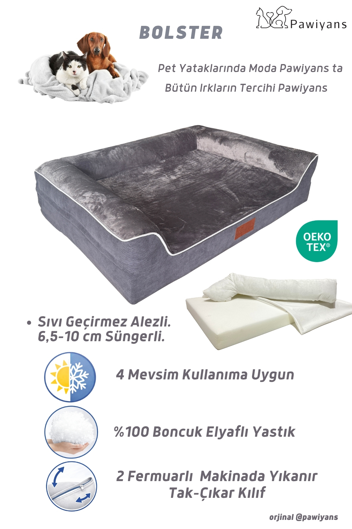 تخت حیوانات پاویانس PAWİYANS با اسفنج و روکش و محافظ تشک قابل شست‌وشو چندرنگ