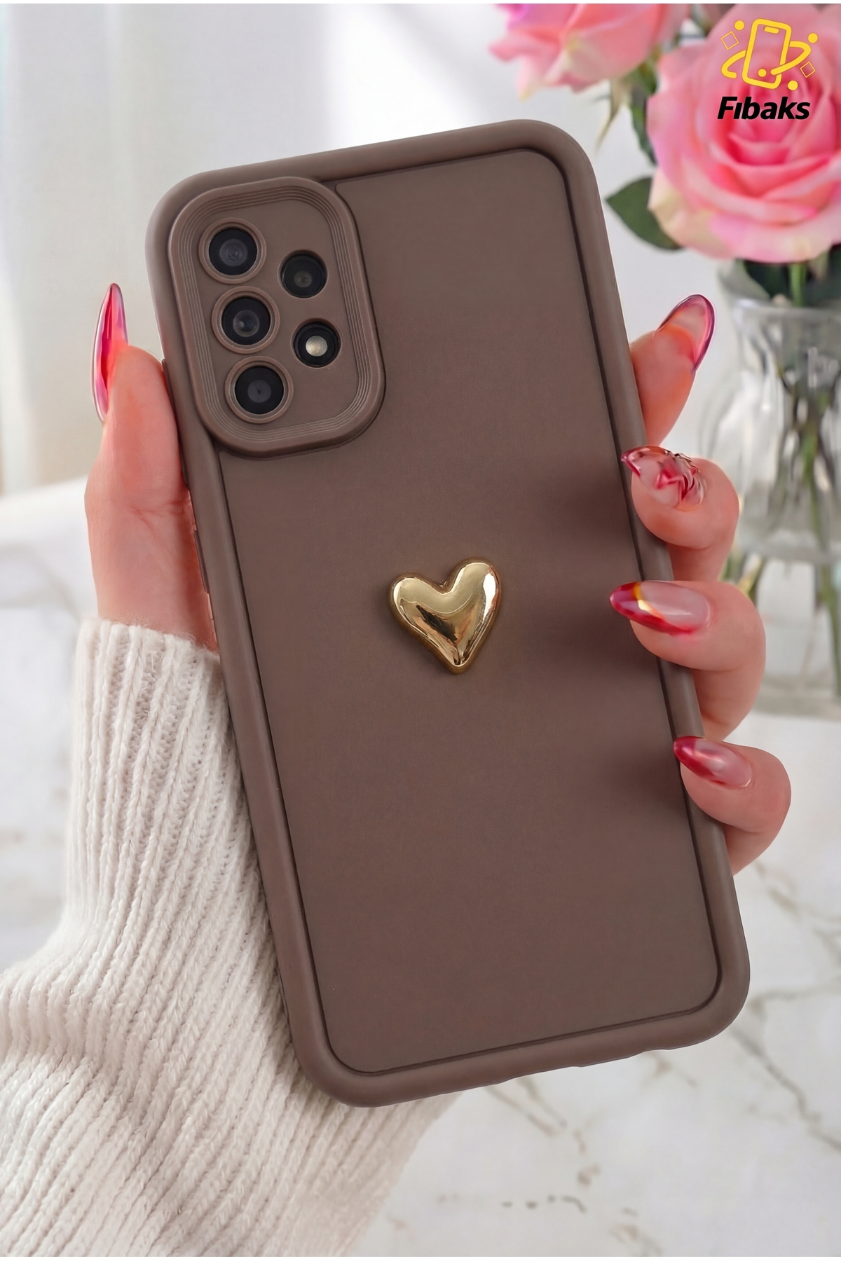 کاور و قاب محافظ سه بعدی قلب سامسونگ GALAXY A23 A13 با طرح رنگ قهوه ای دوربین نرم سیلیکونی فیبکس Fibaks
