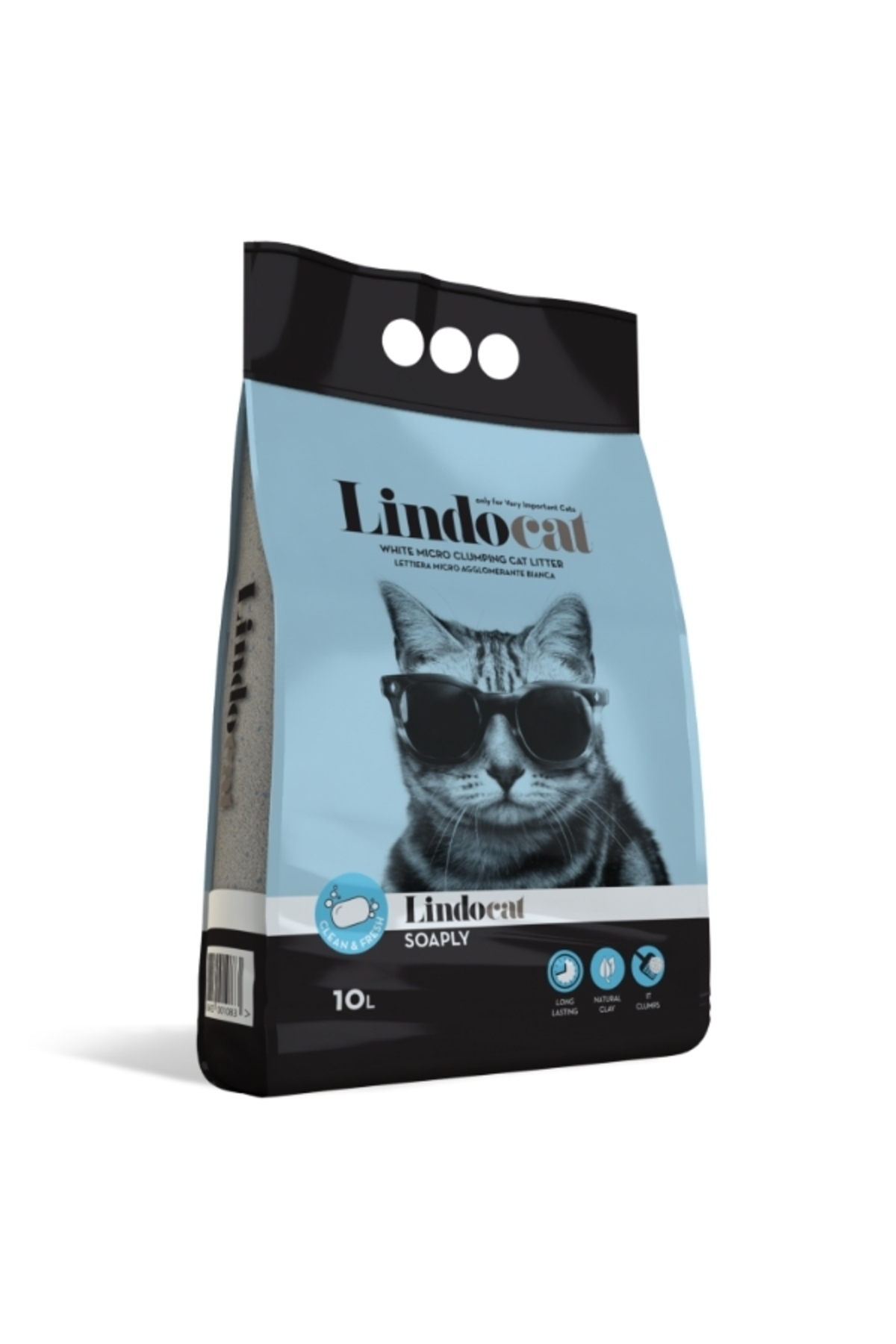 خاک گربه لیندو کت Lindo Cat، سری Soaply، بنتونیتی دانه‌ریز با رایحه صابون مارسی، ۱۰ لیتر