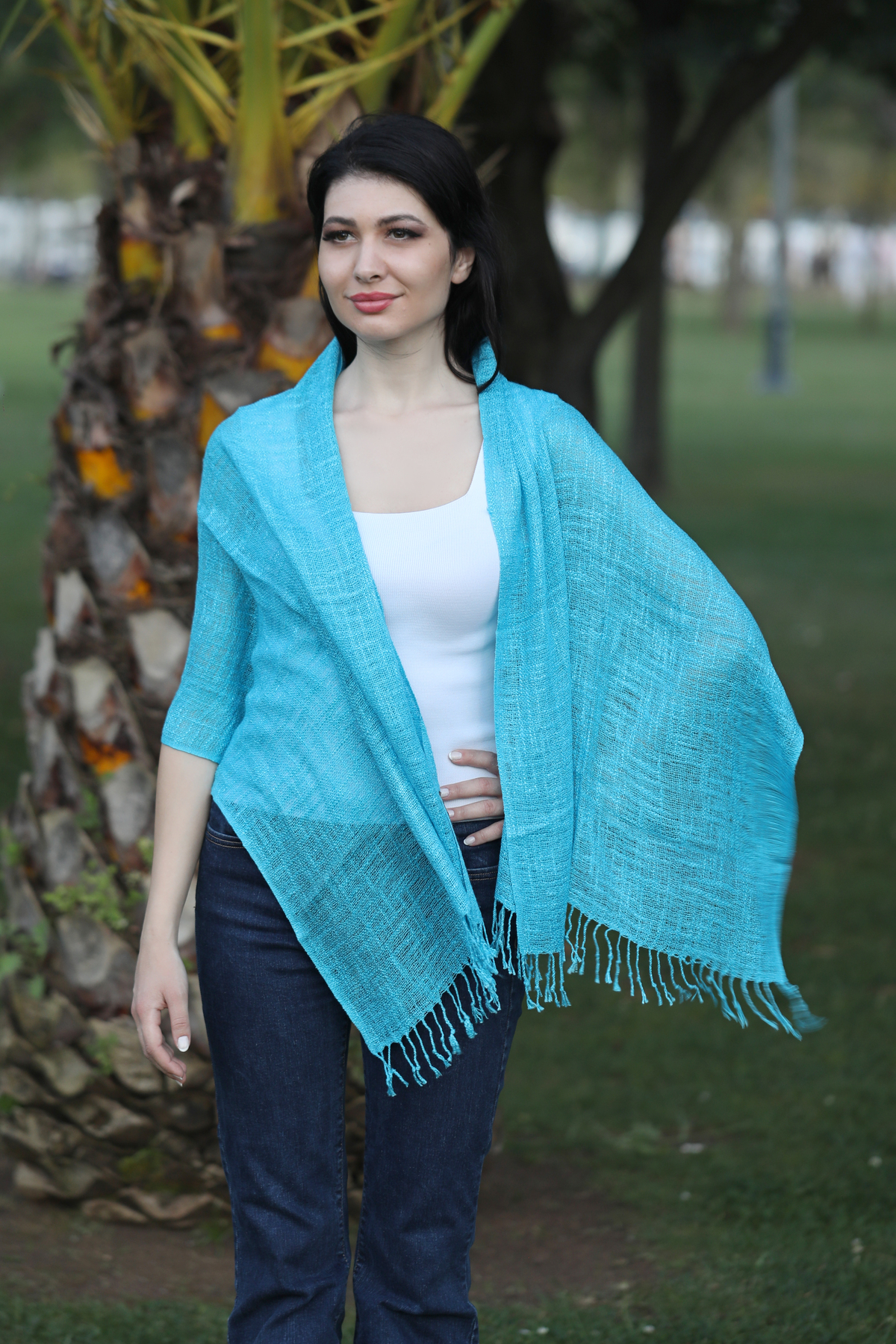 شال کتان فیروزه‌ای میستیک Mystic مدل MS-277