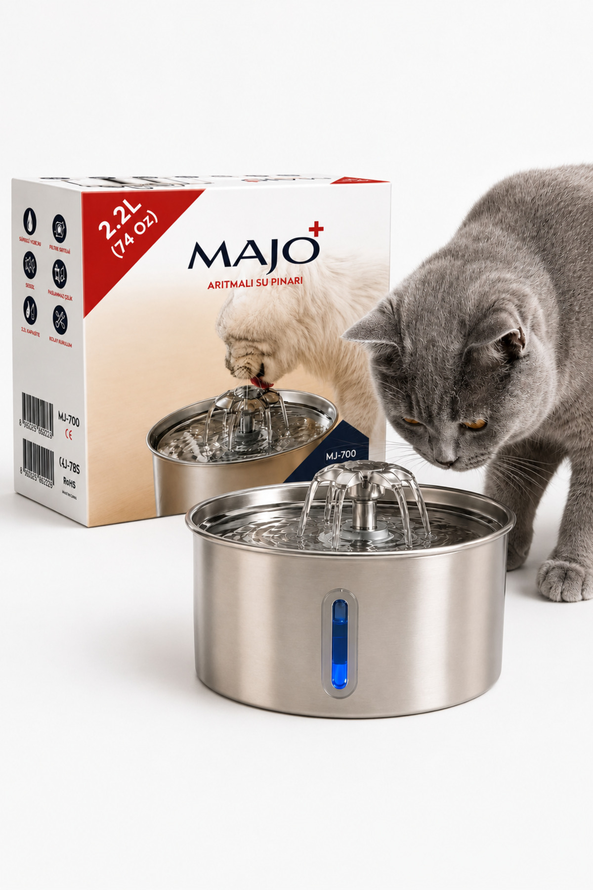 آبخوری فواره‌ای خودکار گربه Majo با فیلتر فولاد ضدزنگ، ۲٫۲ لیتر 2,2L