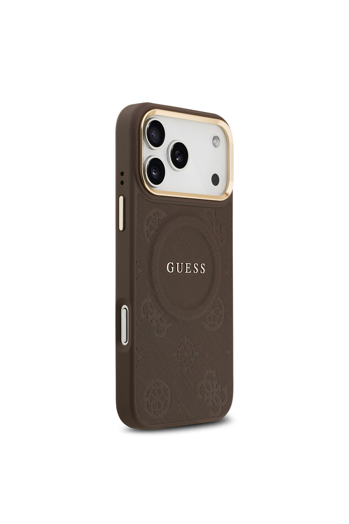 کاور و قاب سازگار با IPHONE 17 PRO MAX دارای مجوز M SAFE لوگوی متن چاپی داغ PU چرم گل صد تومانی قهوه ای اورجینال Guess