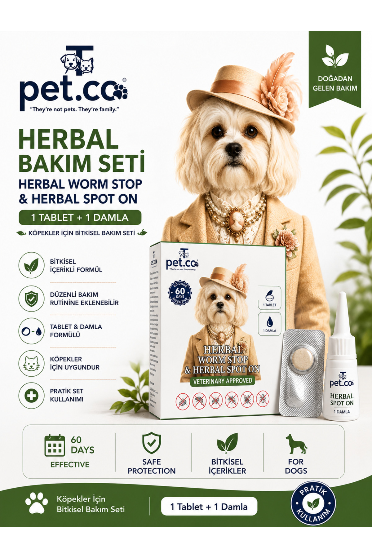 مجموعه قرص و قطره ضدانگل سگ تی‌پت‌کو TPetCo، Herbal Worm Stop و Herbal Spot On 1 Tablet