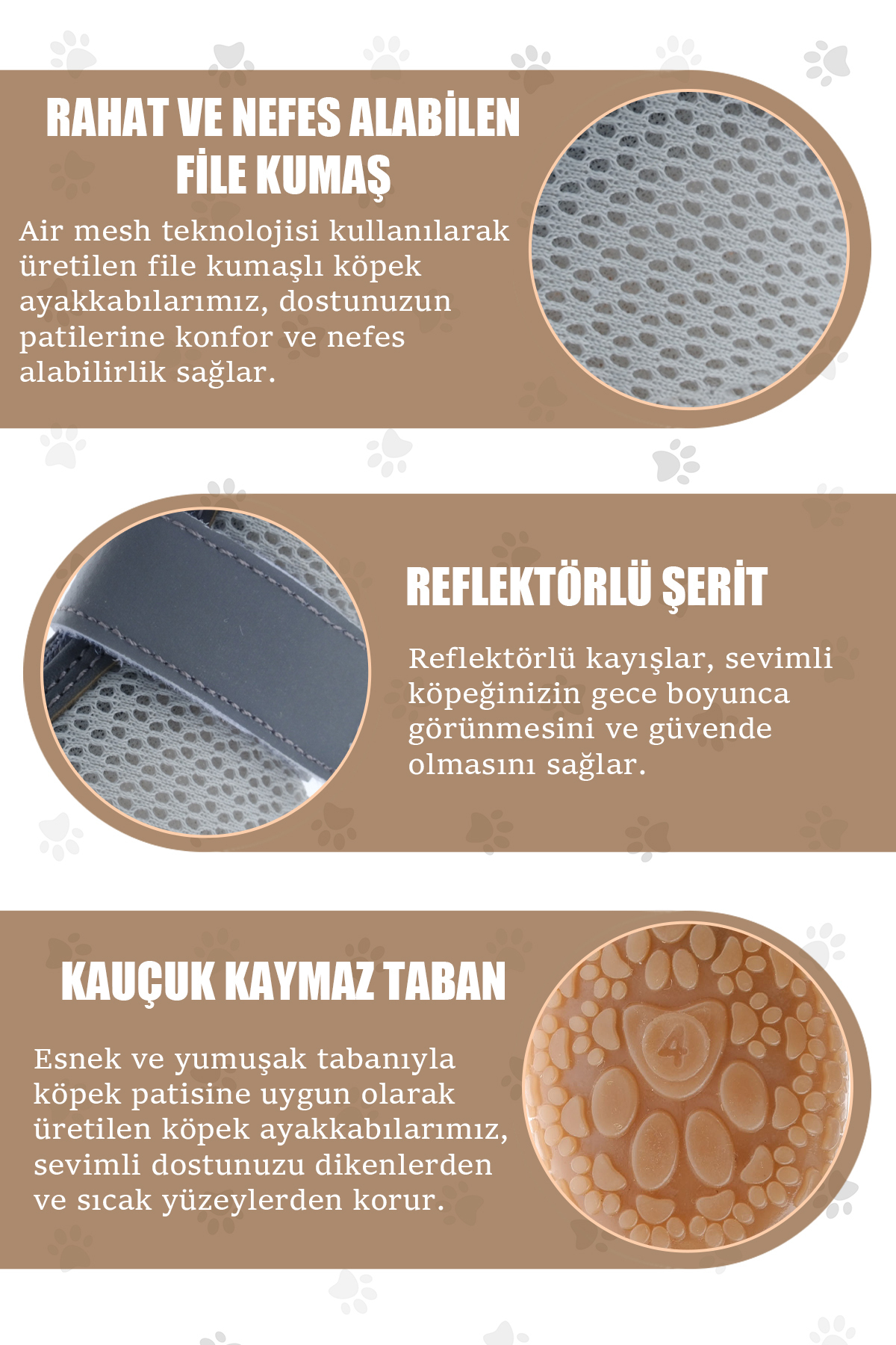 کفش سگ پاوپرینتس PawPrints مدل PP01، زیره لاستیکی ضدلغزش، زیپ‌دار و بازتابنده قهوه‌ای