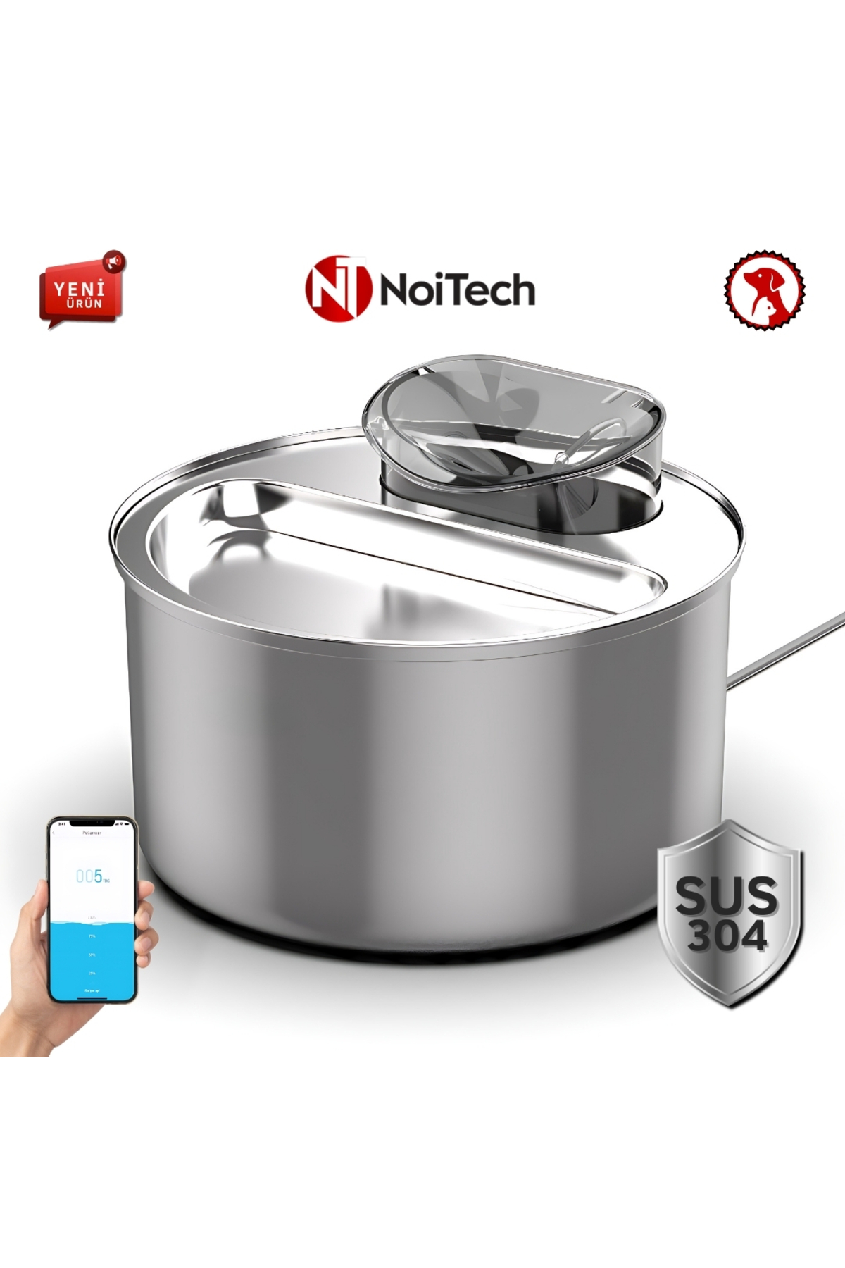 آبخوری فواره‌ای هوشمند ۴ لیتری سگ و گربه نویتک Noitech، مدل Smart2، استیل ضدزنگ و کم‌صدا