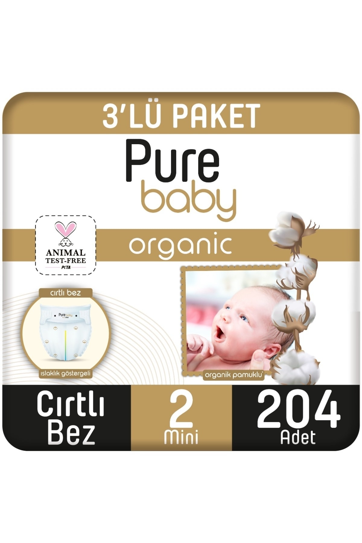 پوشک بچه پارچه مخملی پنبه ای ارگانیک 3 بسته اندازه 2 مینی 204 تکه اورجینال Pure Baby
