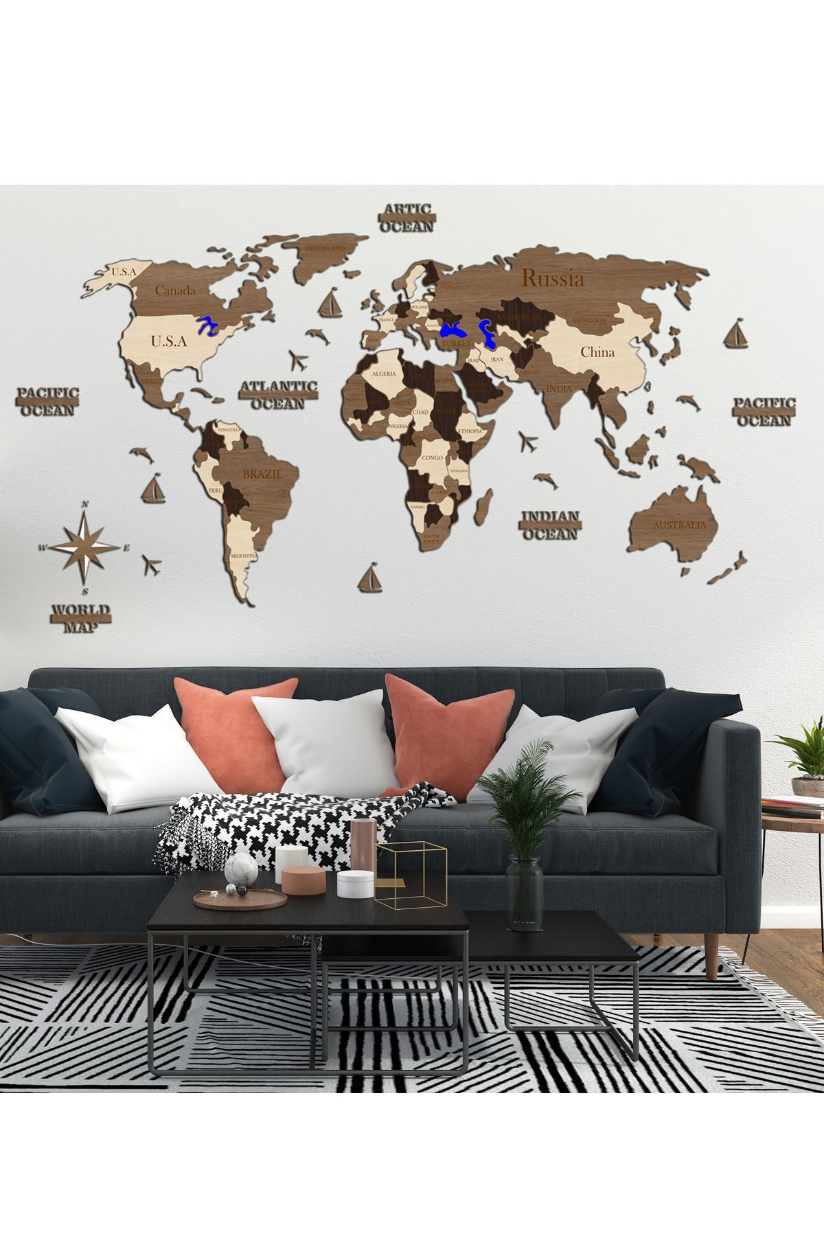پازل نقشه جهان سه بعدی پازلی به شکل رنگ چوبی ابعاد 225CMX120CM ULTTASARIM