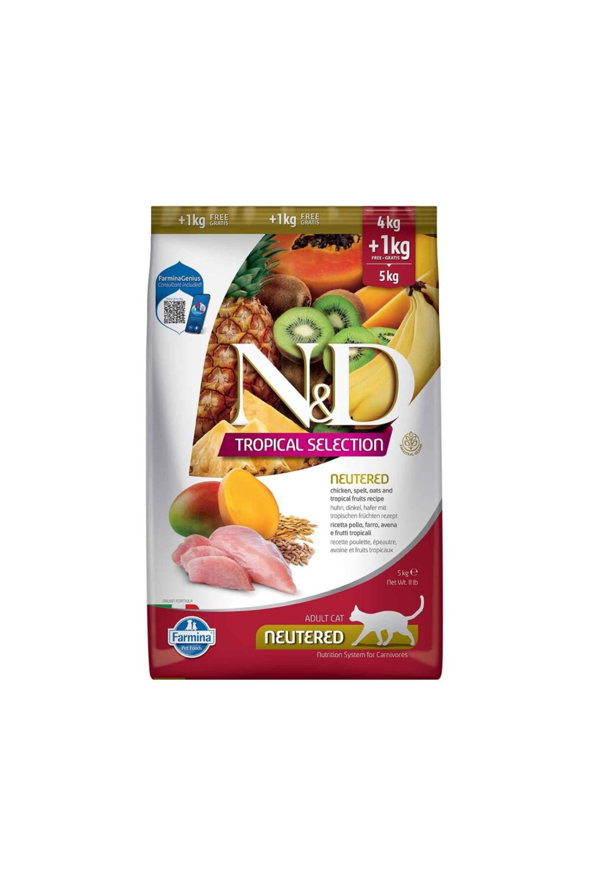 غذای خشک گربه بالغ عقیم‌شده ان‌انددی N&D، سری Tropical Selection، کم‌غله با مرغ و میوه‌های گرمسیری، ۴ + ۱ 10 kg