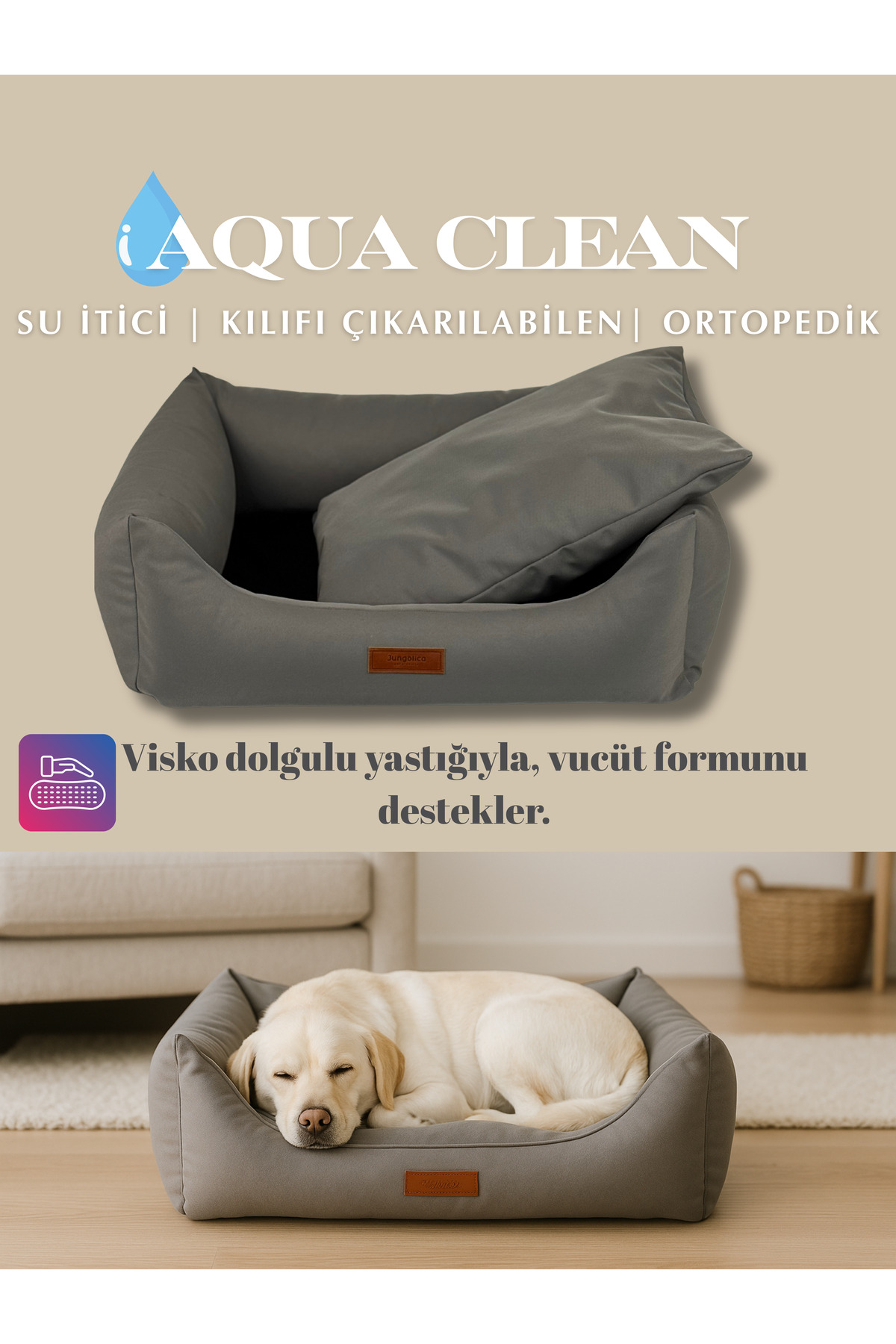 تخت گربه و سگ جونگولیکا پت پروداکتس Jungolica Pet Products سری Aqua Clean، پارچه آب‌گریز، روکش جداشونده و کف ضدلغزش خاکستری