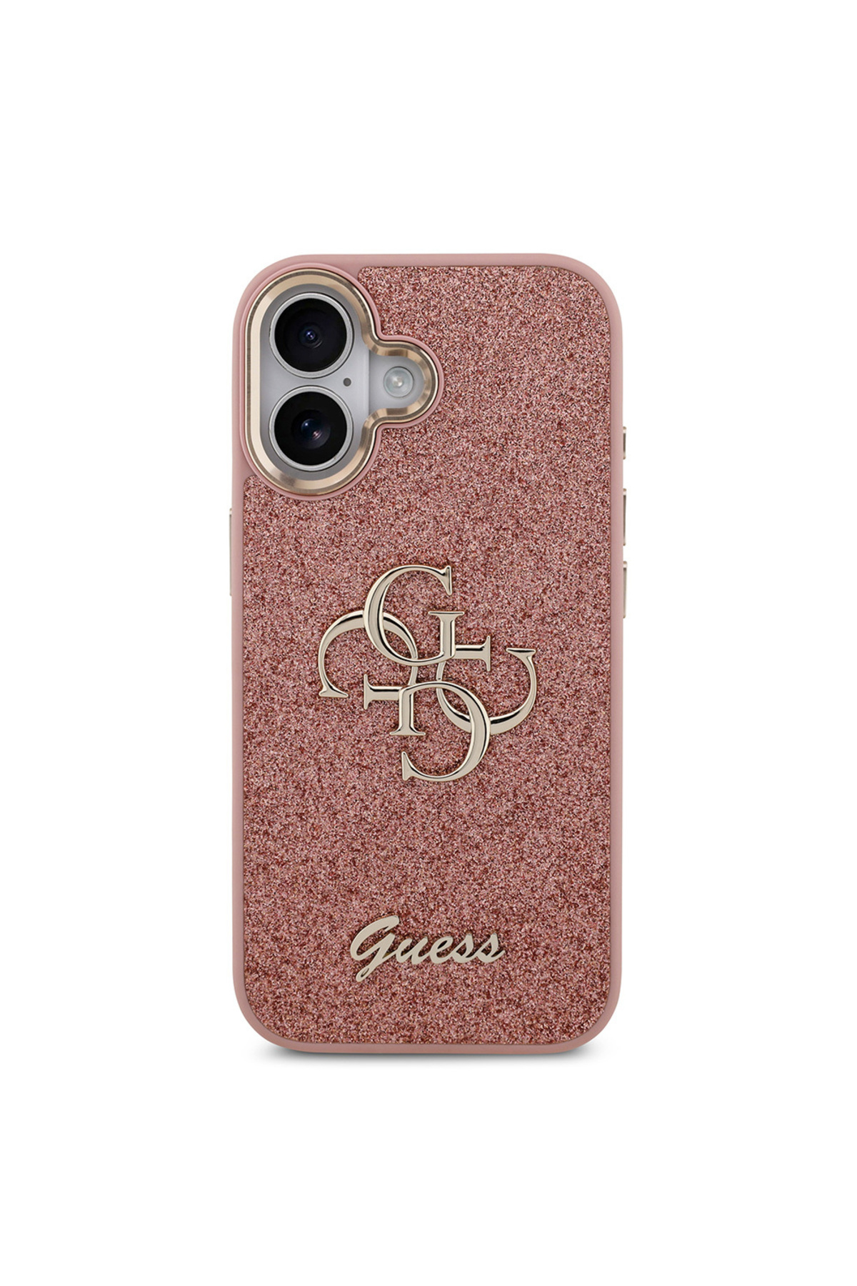 کاور و قاب محافظ آیفون 17 دارای مجوز 4G GLITTER با دوربین فلزی بزرگ لوگو صورتی اورجینال Guess