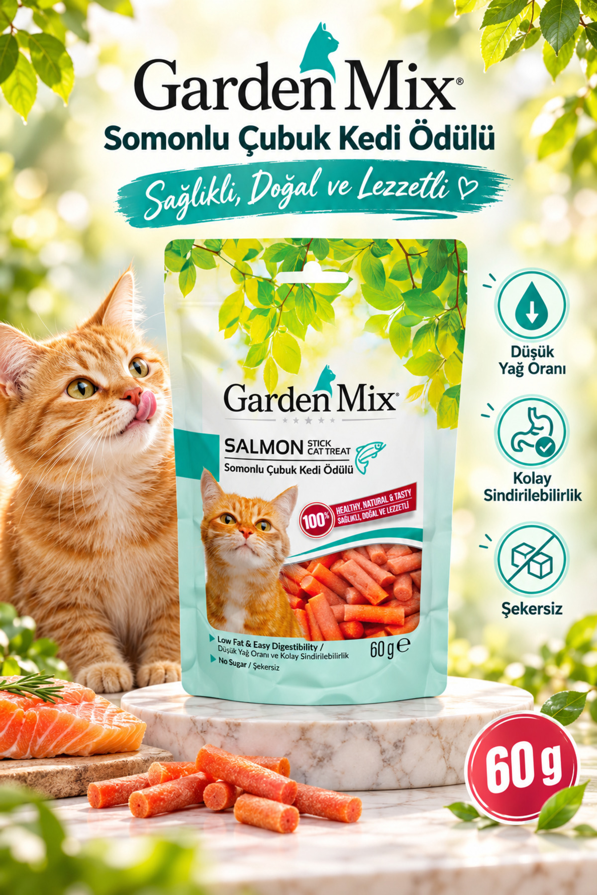 تشویقی گربه استیکی با طعم سالمون ۶۰ گرمی گاردن‌میکس Gardenmix
