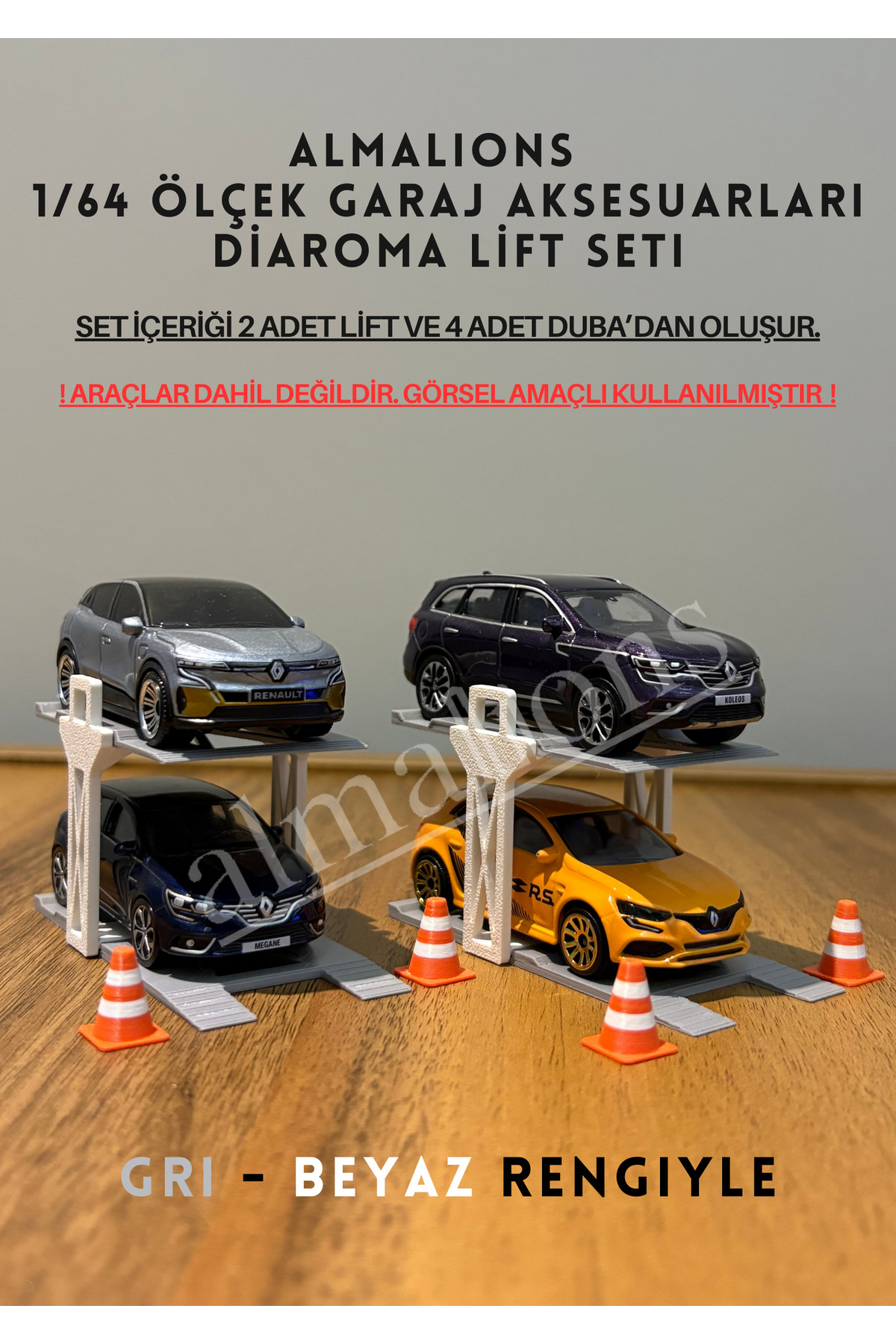 ماشین اسباب بازی 1 64 SCALE DIAROMA CAR LIFT 2 PIECES + 4 PONTOON GARAGE لوازم جانبی خاکستری سفید almalions