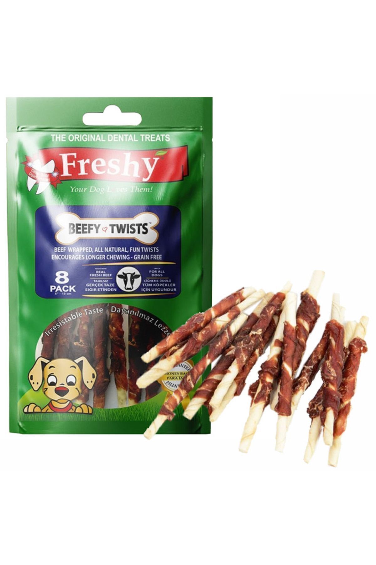 چوب جویدنی سگ فرشی Freshy با گوشت گاو، پیچ‌خورده، ۳ عددی