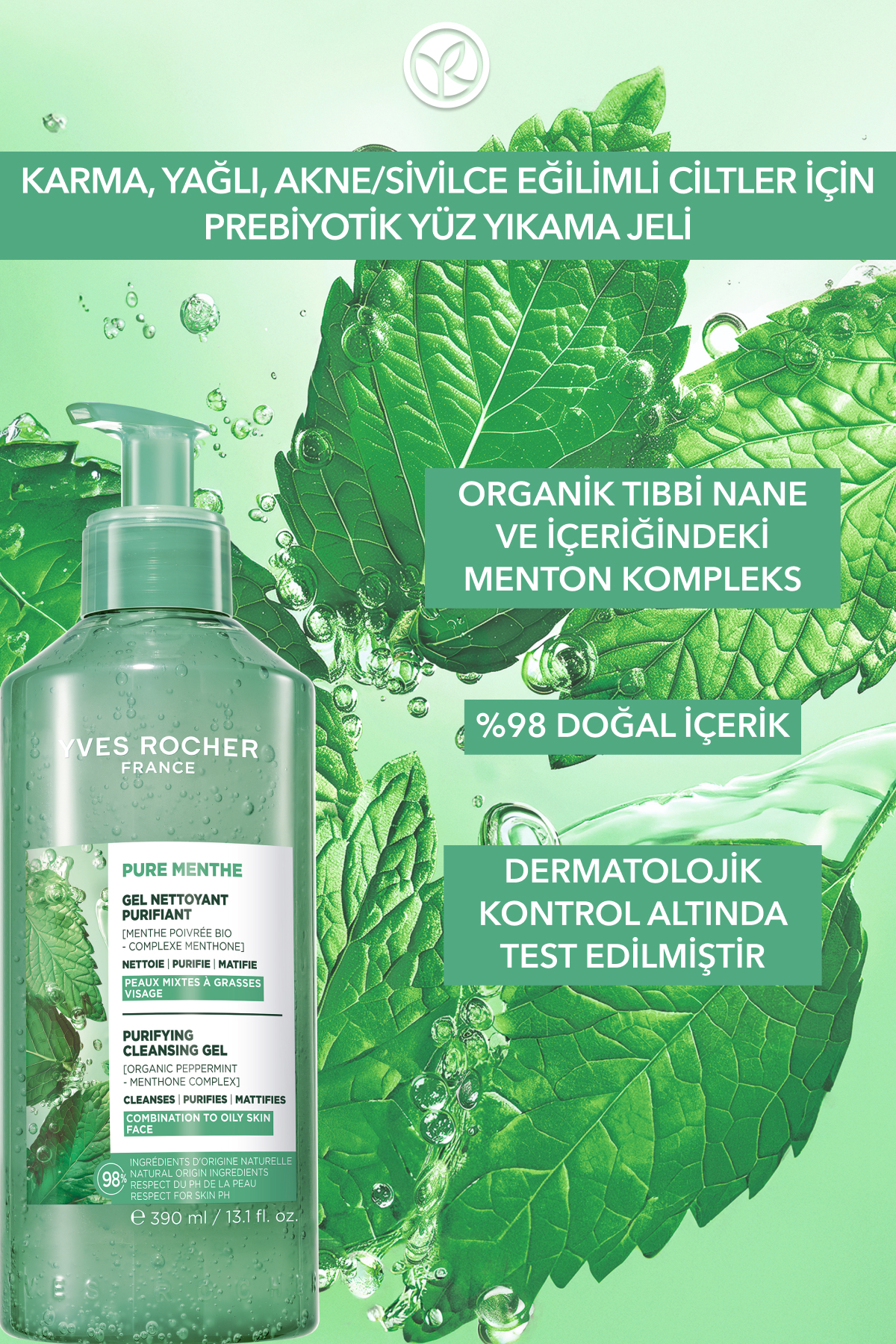 ژل شستشوی صورت Pure Menthe Prebiotic برای پوست های مختلط و چرب 390 میل ایوروشه Yves Rocher