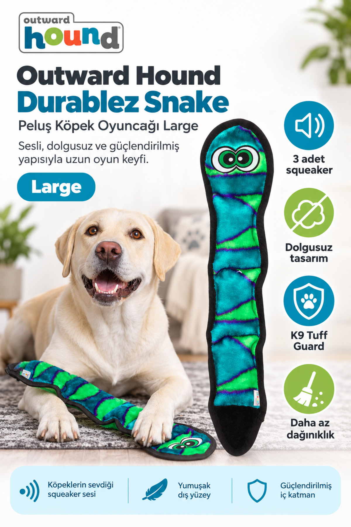 اسباب‌بازی عروسکی مار برای سگ، سری Invincibles Snake از آوت‌وارد هاوند Outward Hound، Large رنگی