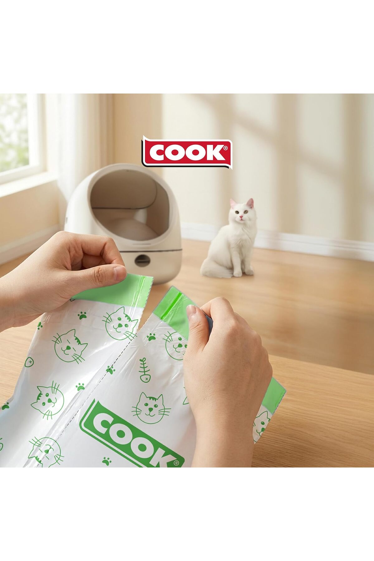 کیسه زباله بنددار مخصوص خاک گربه کوک COOK، ۵۵×۳۰ سانتی‌متر، ۲۰ برگ، با رایحه صابون، سفید