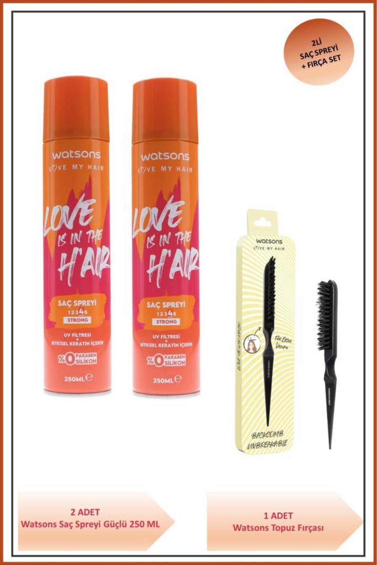اسپری موی قوی واتسونز Watsons مدل SETW716، بسته ۲ عددی ۲۵۰ میلی‌لیتری همراه برس گوجه‌ای