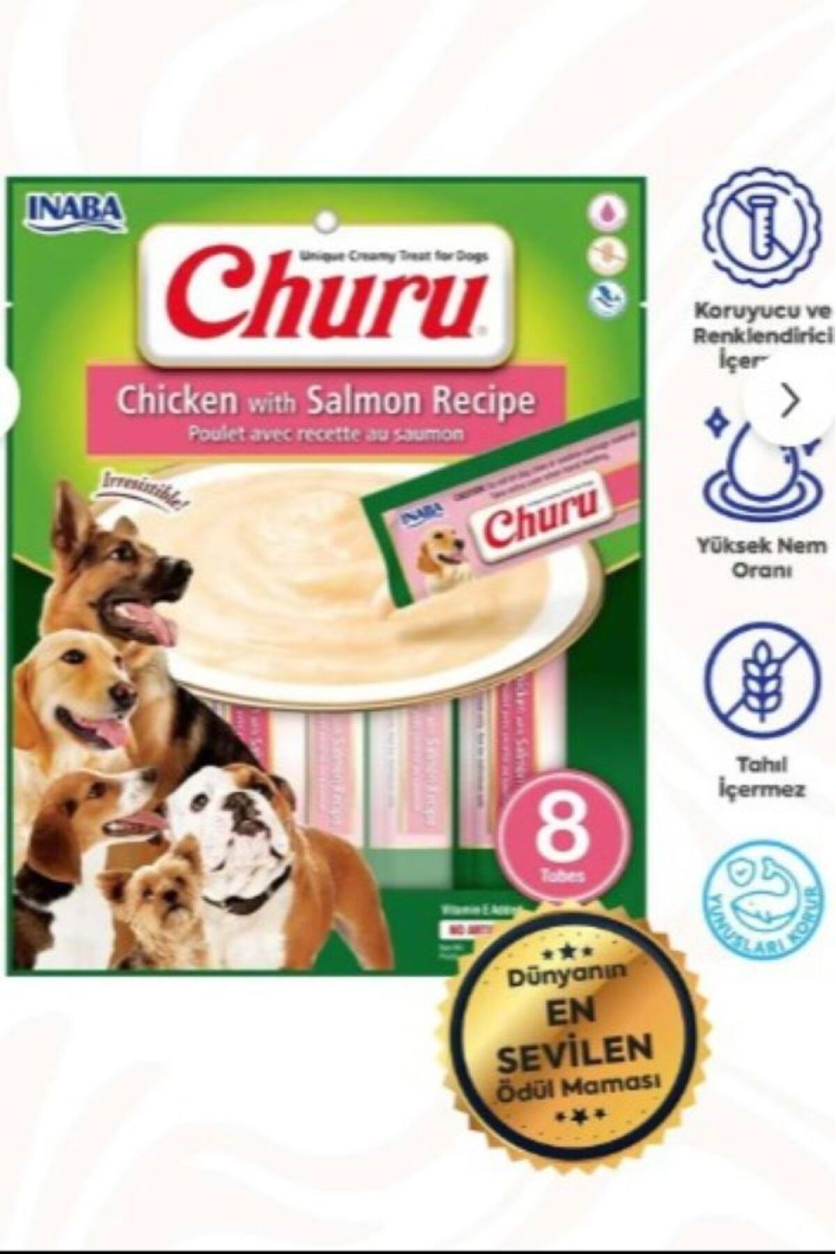 خوراک تشویقی مکمل سگ اینابا Inaba Ciao Churu با طعم سالمون و مرغ، ۸ × ۲۰ گرم
