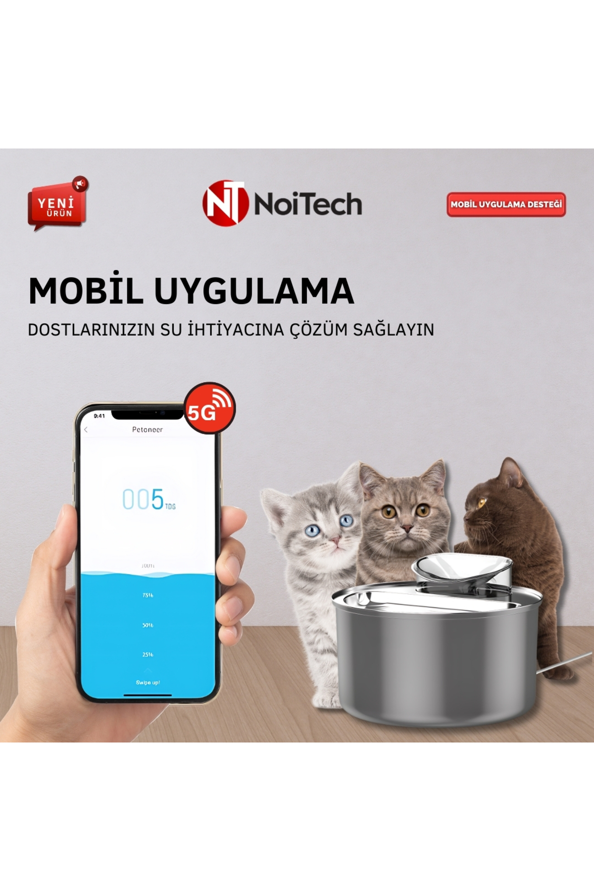 آبخوری فواره‌ای هوشمند ۴ لیتری سگ و گربه نویتک Noitech، مدل Smart2، استیل ضدزنگ و کم‌صدا