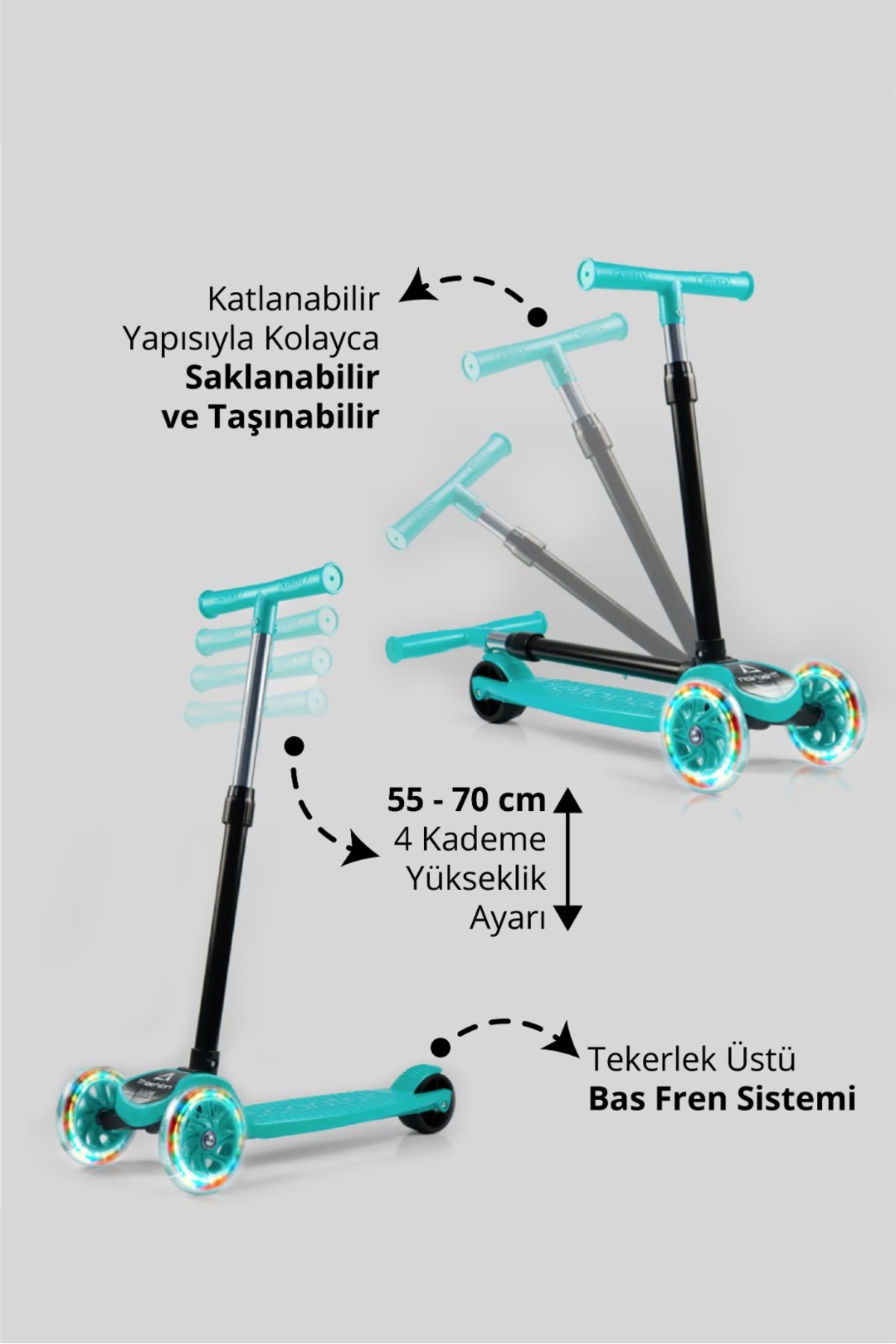 اسکوتر کودکان تاشو T212 M با نور LED تنظیم ارتفاع 4 سطحی 55 70 سانتی متر ترمز عقب از ترکیه Triathlon