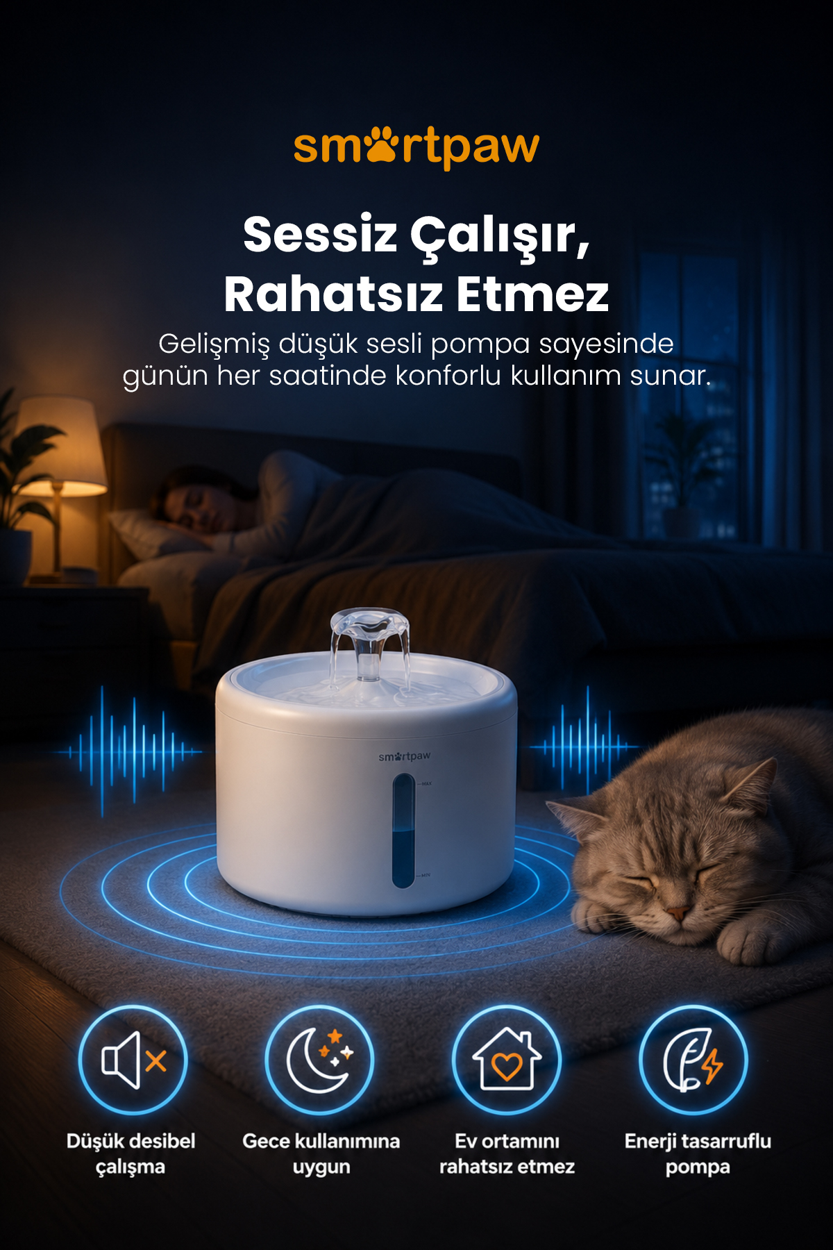 آب‌خوری فواره‌ای گربه اسمارت‌پا SMARTPAW، سری Aqua Core، ظرفیت ۲٫۵ لیتر و دو حالت جریان