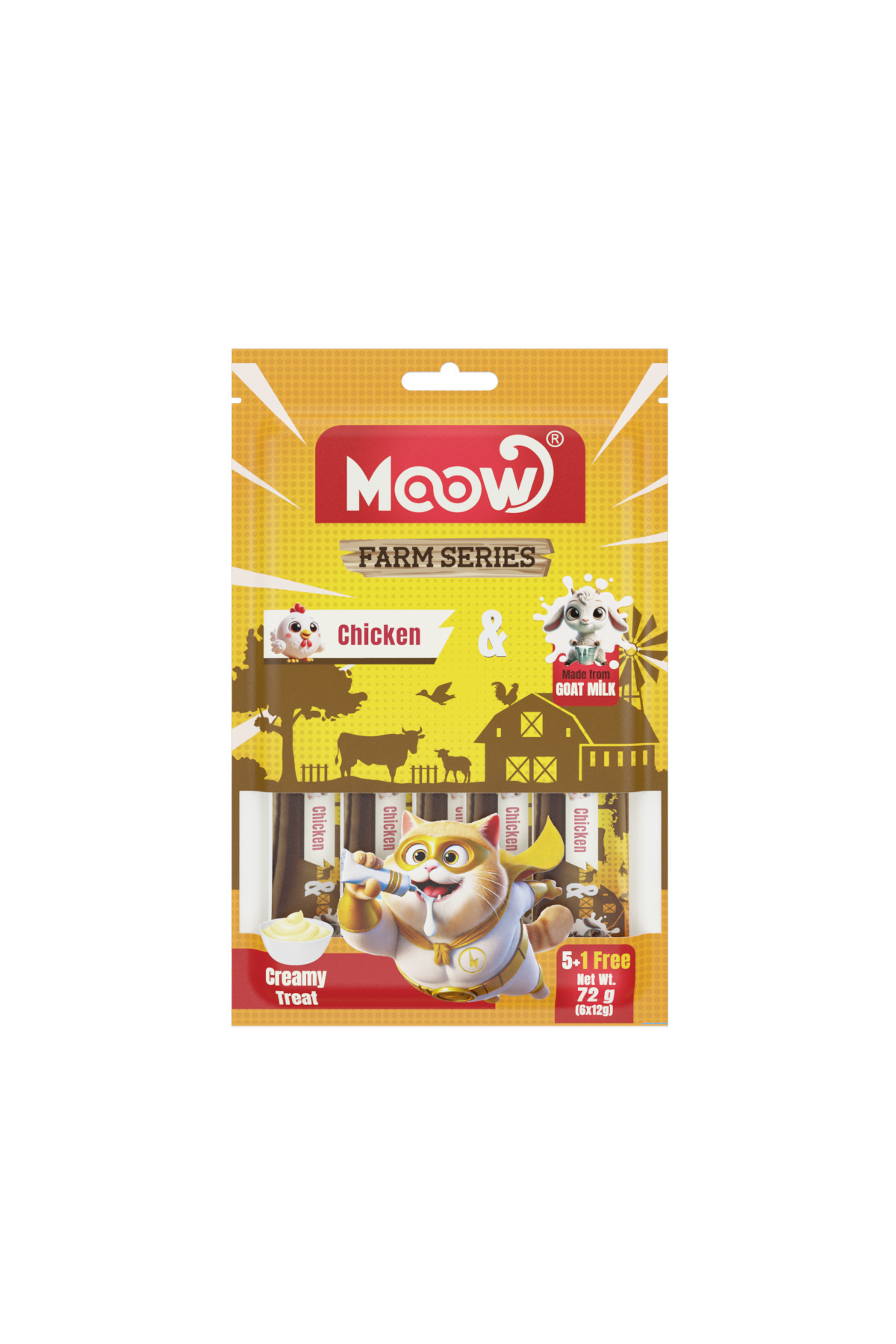 تشویقی کرمی گربه موو MOOW با مرغ و شیر بز، ۶ عدد ۱۲ گرمی