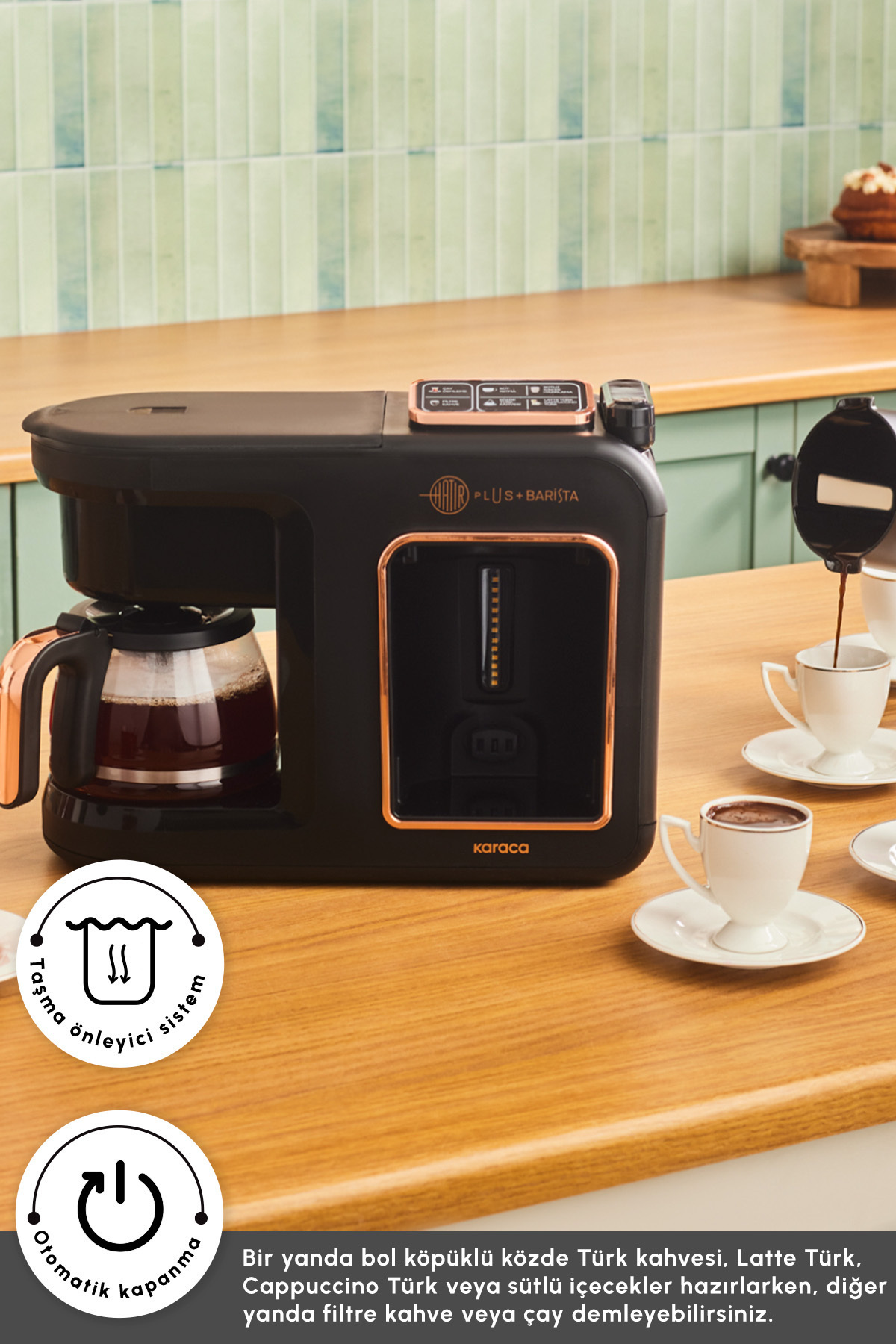 قهوه ساز ترک PLUS BARISTA 6 در 1 لاته کاپوچینو و برشته مس مشکی اورجینال Karaca