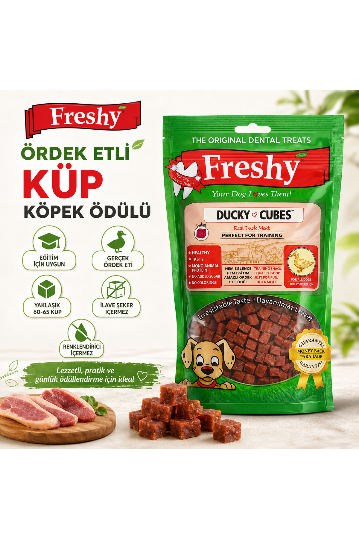 تشویقی مکعبی سگ Ducky Cubes از فرشی Freshy، با طعم اردک و خرگوش، ۸۰ گرم