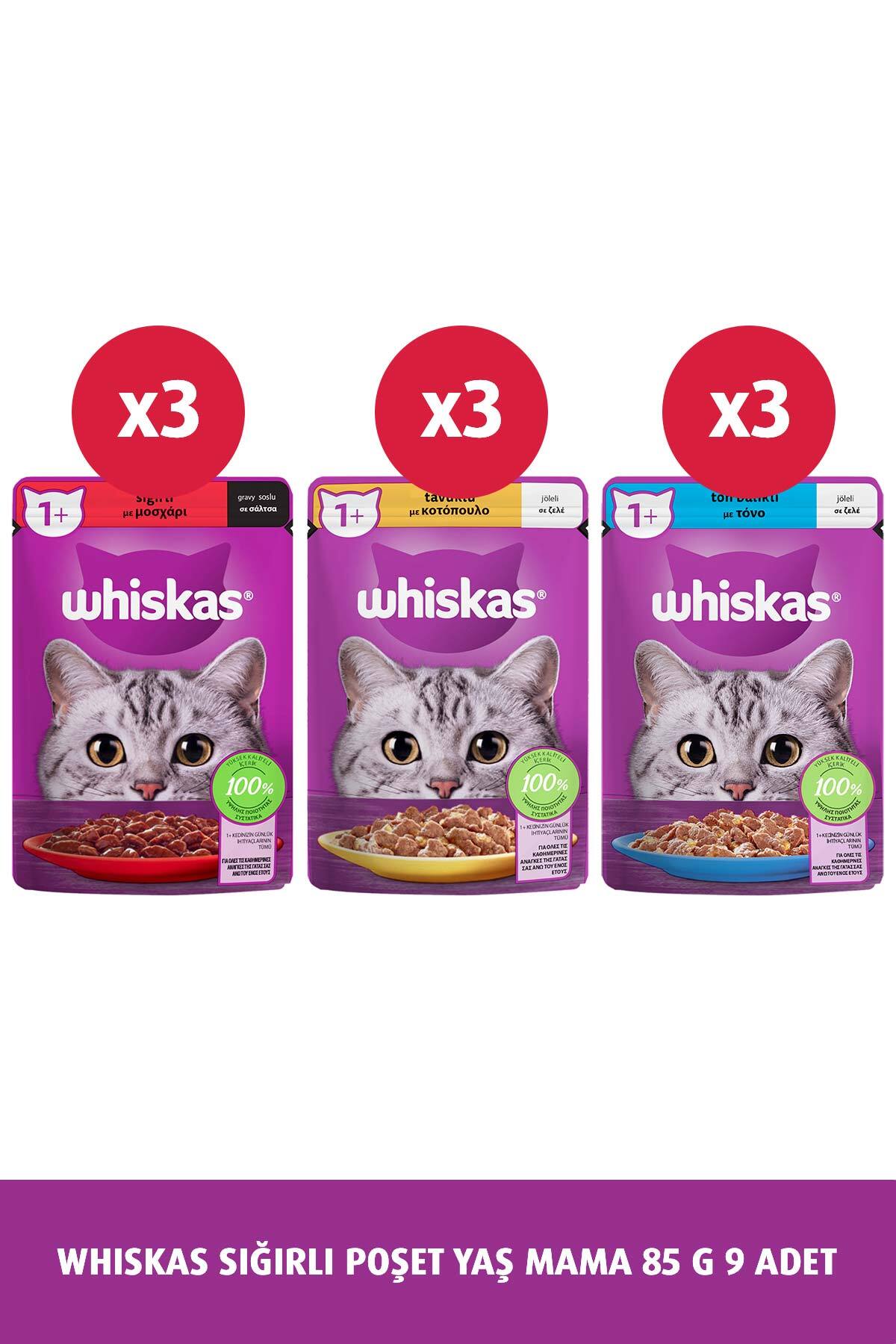 غذای مرطوب گربه ویسکاس Whiskas با طعم گوشت گاو، ۹ پوچ ۸۵ گرمی