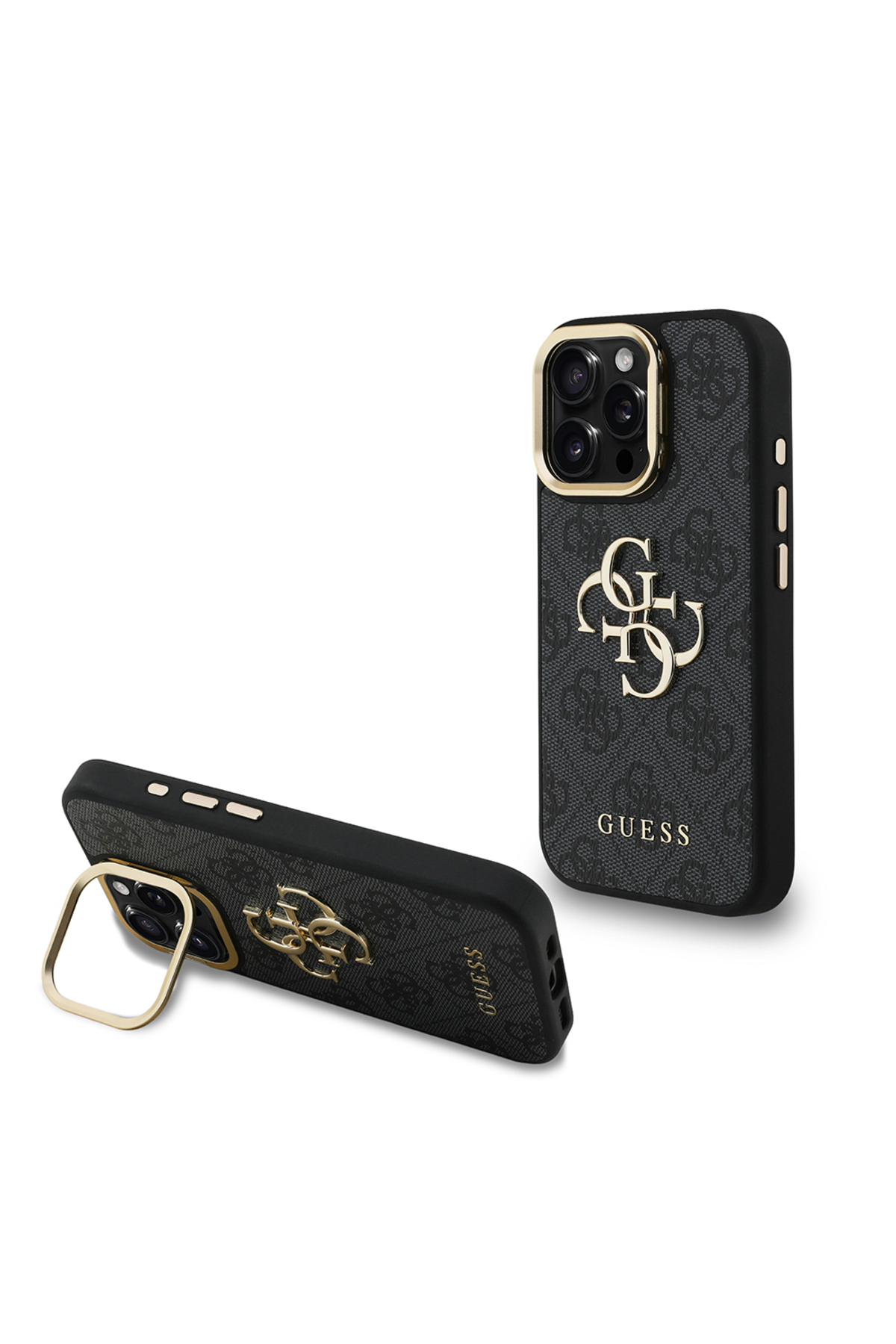 کاور و قاب سازگار با IPHONE 15 PRO MAX دارای مجوز فلزی 4G لوگوی متنی پوشش پایه دوربین مشکی اورجینال Guess