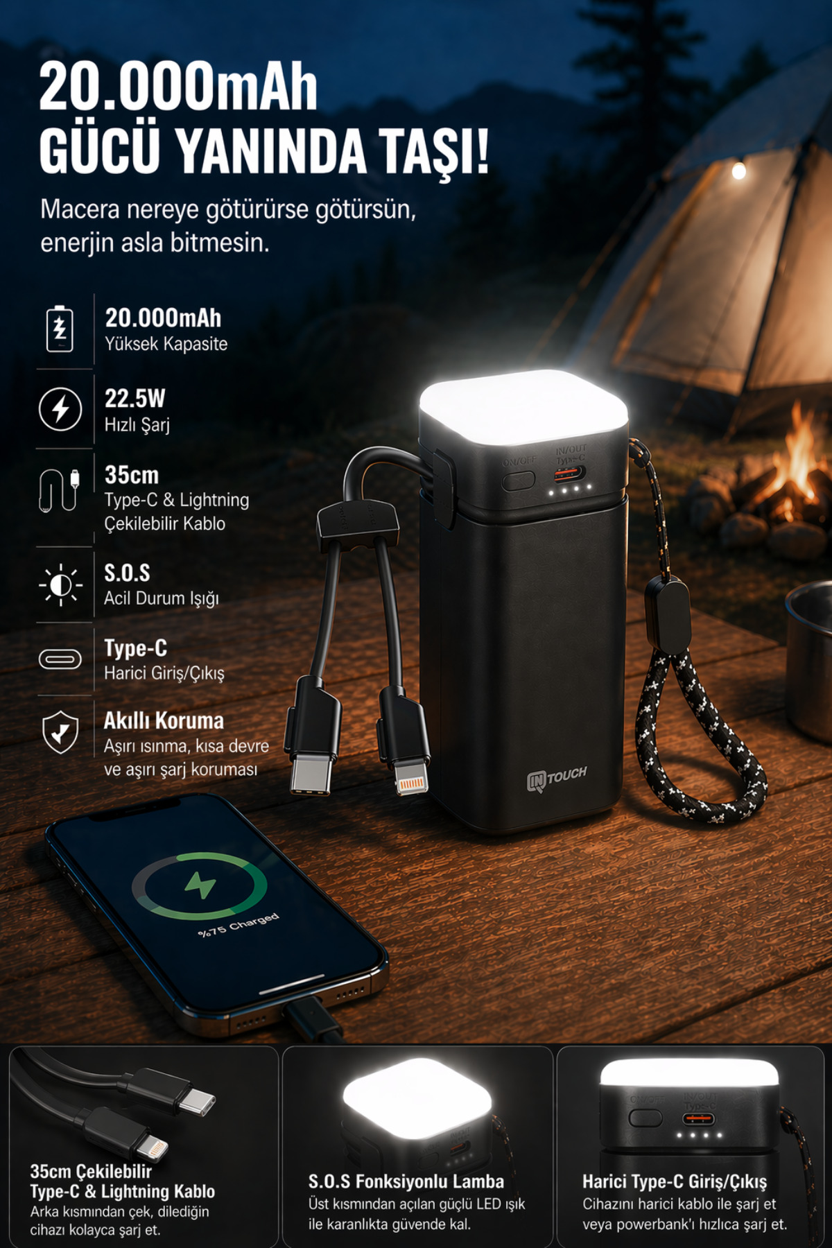 پاوربانک 20000 ماهه 22.5W PD لامپ کمپینگ سریع کابلی سری OUTDOOR اورجینال İntouch