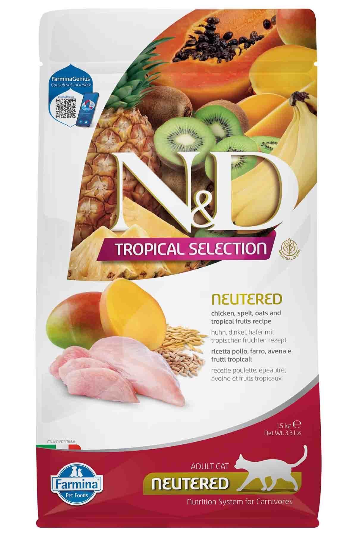 غذای خشک گربه‌های عقیم‌شده ان‌دی N&D Tropical Selection، با مرغ و میوه‌های گرمسیری، ۱٫۵ کیلوگرم 1,5kg