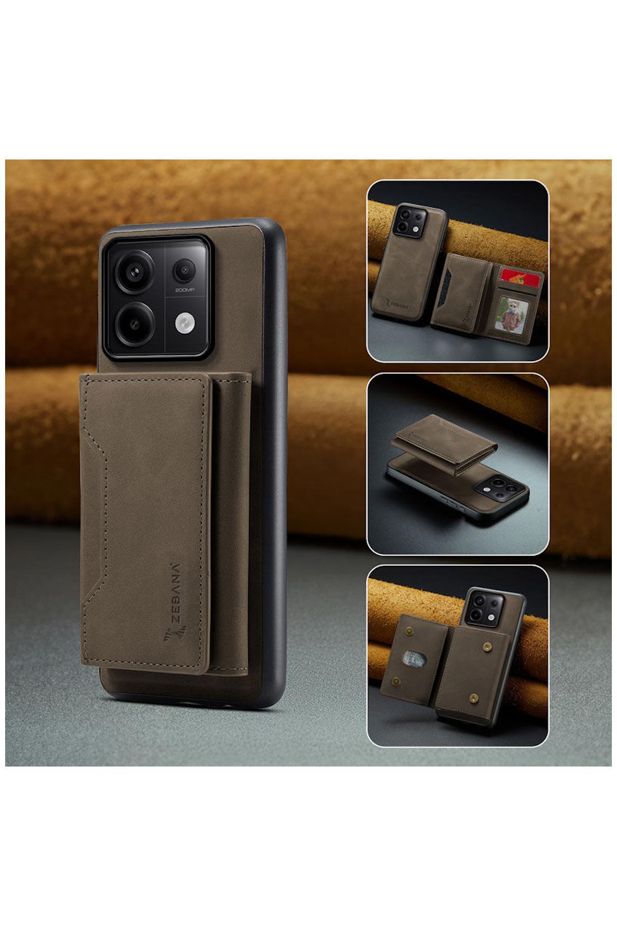 کاور و قاب چرمی ZEBANA 2IN1 ELITE CLASS COMPATIBLE REDMI NOTE 14S شیائومی با کیف پول قهوه ای تیره اورجینال Zebana