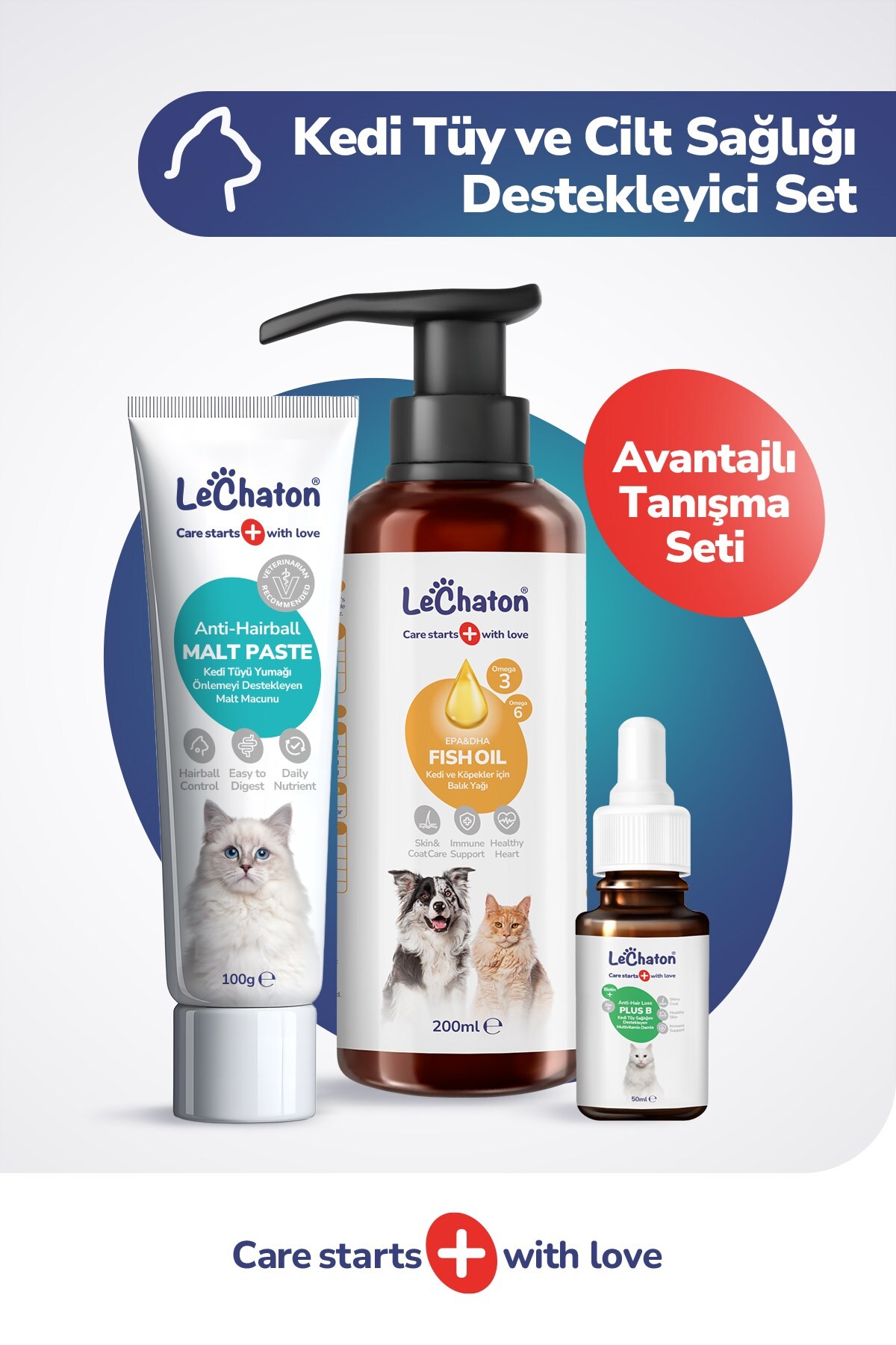 ست مراقبت از موی گربه لی‌چاتون LeChaton Pet Care شامل خمیر مالت و قطره روغن ماهی