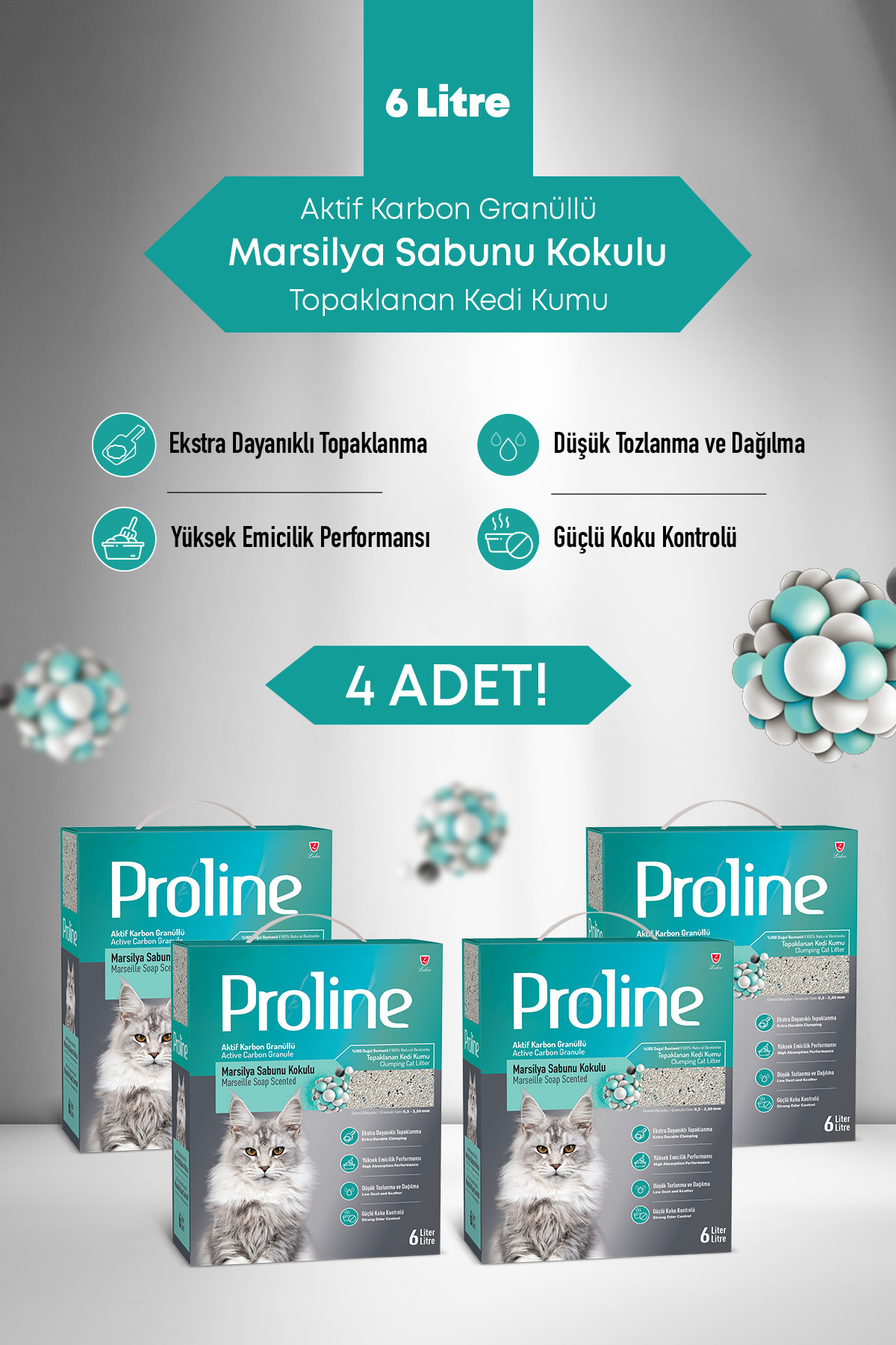 خاک گربه پرولاین Proline مدل TT-201-4، دانه‌ریز و بنتونیتی با کربن فعال و رایحه صابون مارسی، ۴×۶ لیتر
