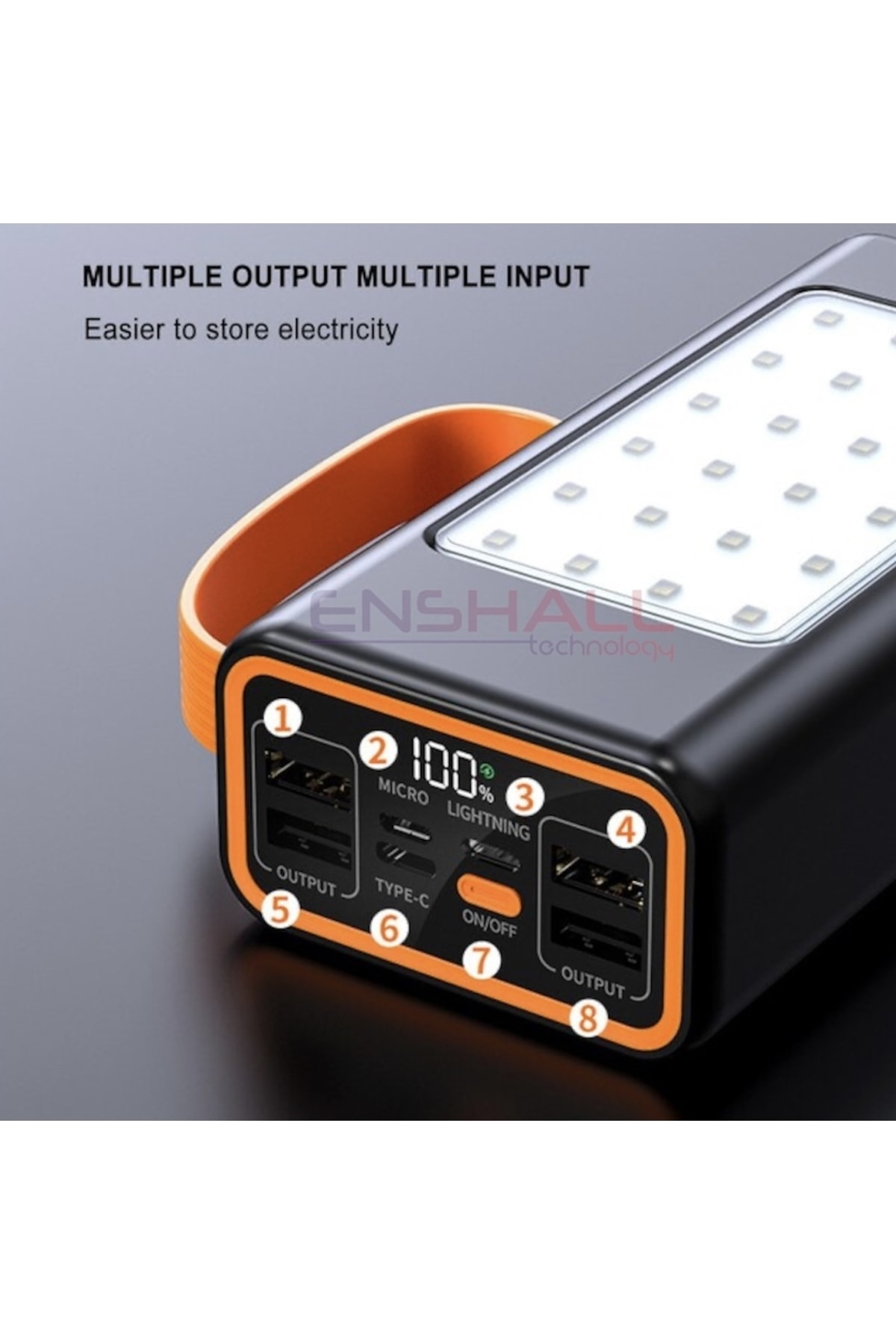 پاوربانک بند حمل 50000 ماهه LED روشنایی شارژ سریع 22,5 واتی 4XUSB MICRO, نورپردازی, TYPC مقدمه اورجینال Enshall