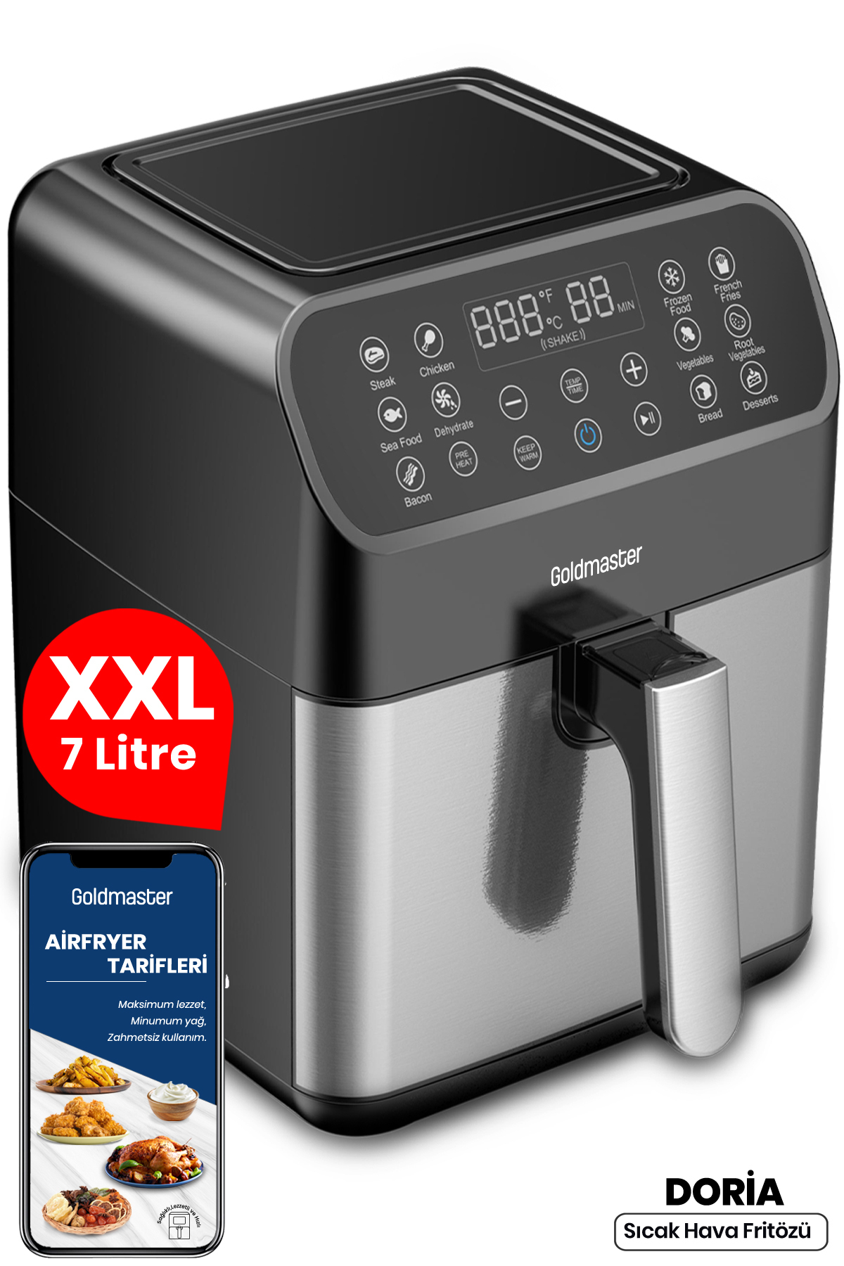 سرخ کن DORIA 7 LITER XXL TOUCH KEEP WARM STIR INDICATOR 13 AIRFRYER از پیش تنظیم شده هوای داغ اورجینال GoldMaster