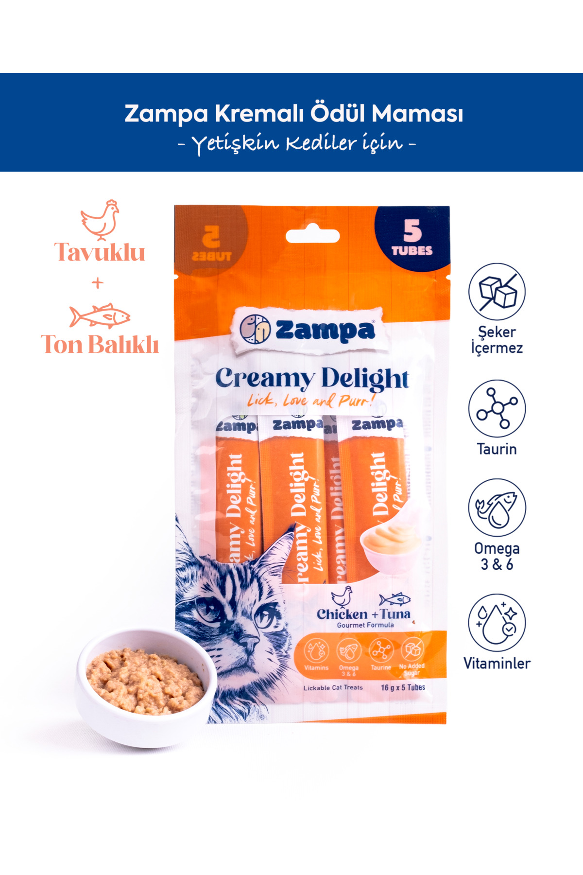 تشویقی کرمی گربه زامپا Zampa Creamy Delight با طعم مرغ و تن‌ماهی، ۵×۱۶ گرم