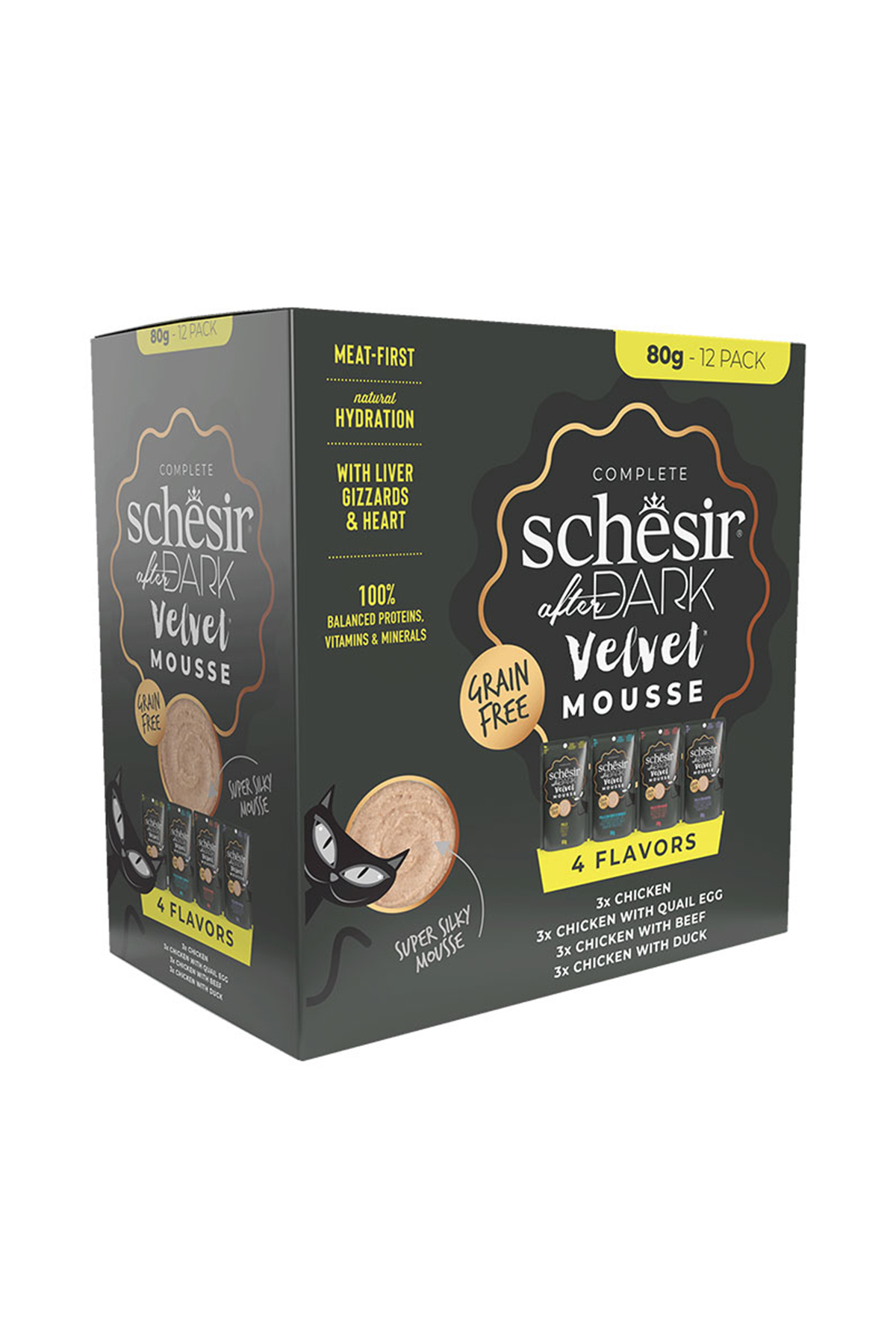 موس غذای مرطوب گربه بالغ شسیر Schesir After Dark با مرغ، تخم بلدرچین، گوشت گاو و آبِ گوشت اردک