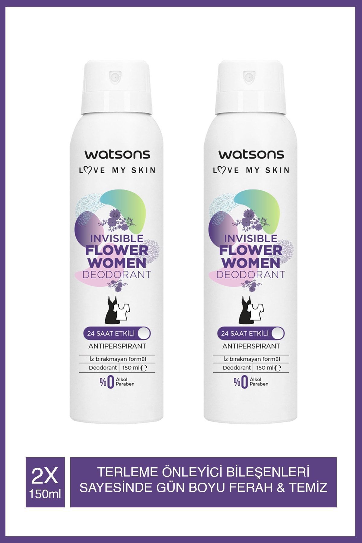 دئودورانت کرمی زنانه واتسونز Watsons Invisible Flower، اثر ۲۴ ساعته، ۱۵۰ میلی‌لیتر، بسته ۲ عددی