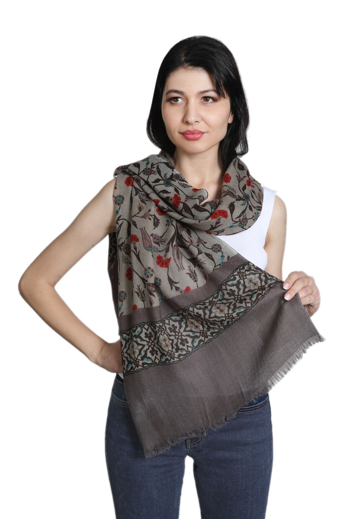 شال زنانه میستیک Mystic خاکی‌خاکستری مدل MS-337