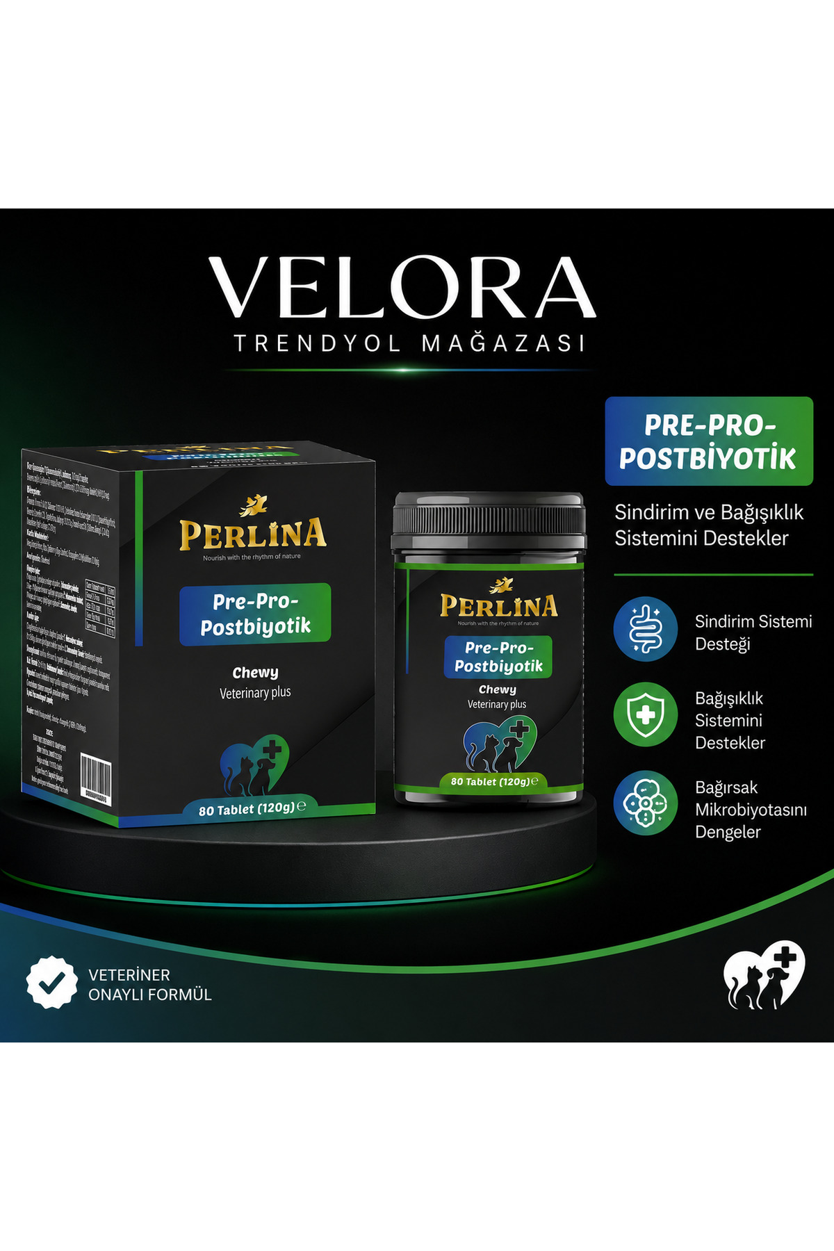 مکمل پیش‌زیستی، پروبیوتیکی و پس‌زیستی Perlina برای گربه و سگ، ۸۰ قرص ۱۲۰ گرم، ولورا گروپ VELORA GRUP