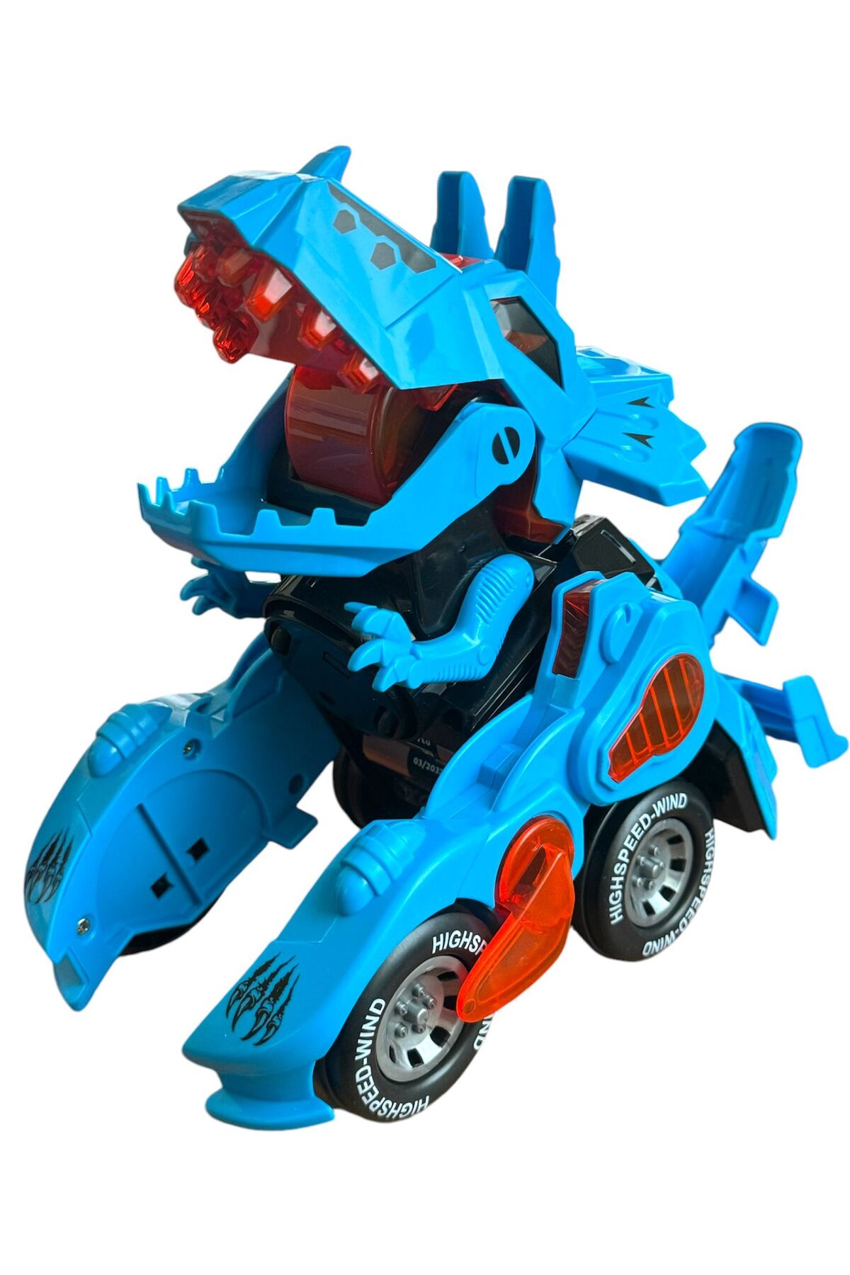 ماشین اسباب بازی TREX DINOSAUR FIGURE CAR SOUND LIGHT باطری موزیک ترانسفورماتور ربات دایناسور 20CM آبی TRUST STORE