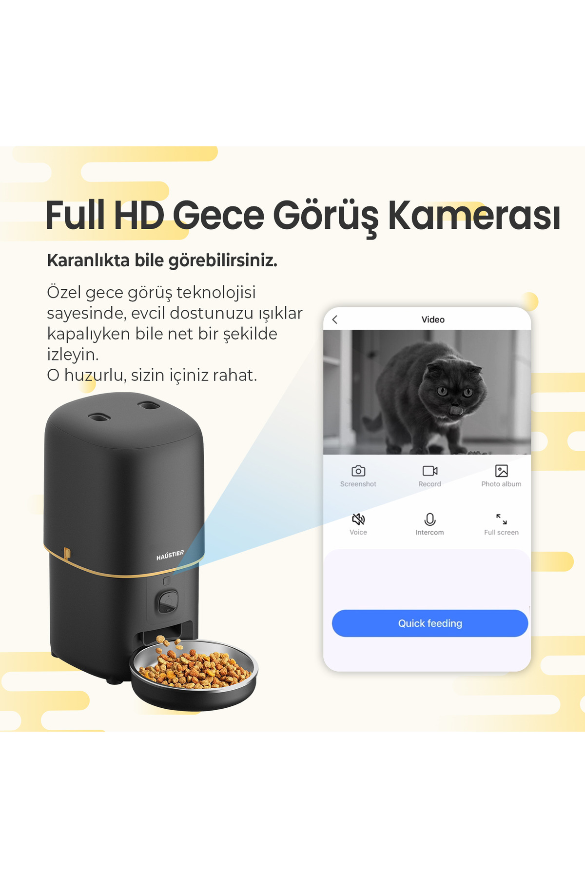 غذاخوری هوشمند و خودکار گربه هاوستیر Haustier، مدل HST-PF05SİYAH، مشکی با دوربین 1080P FHD، مخزن ۴ لیتری و کاسه فلزی